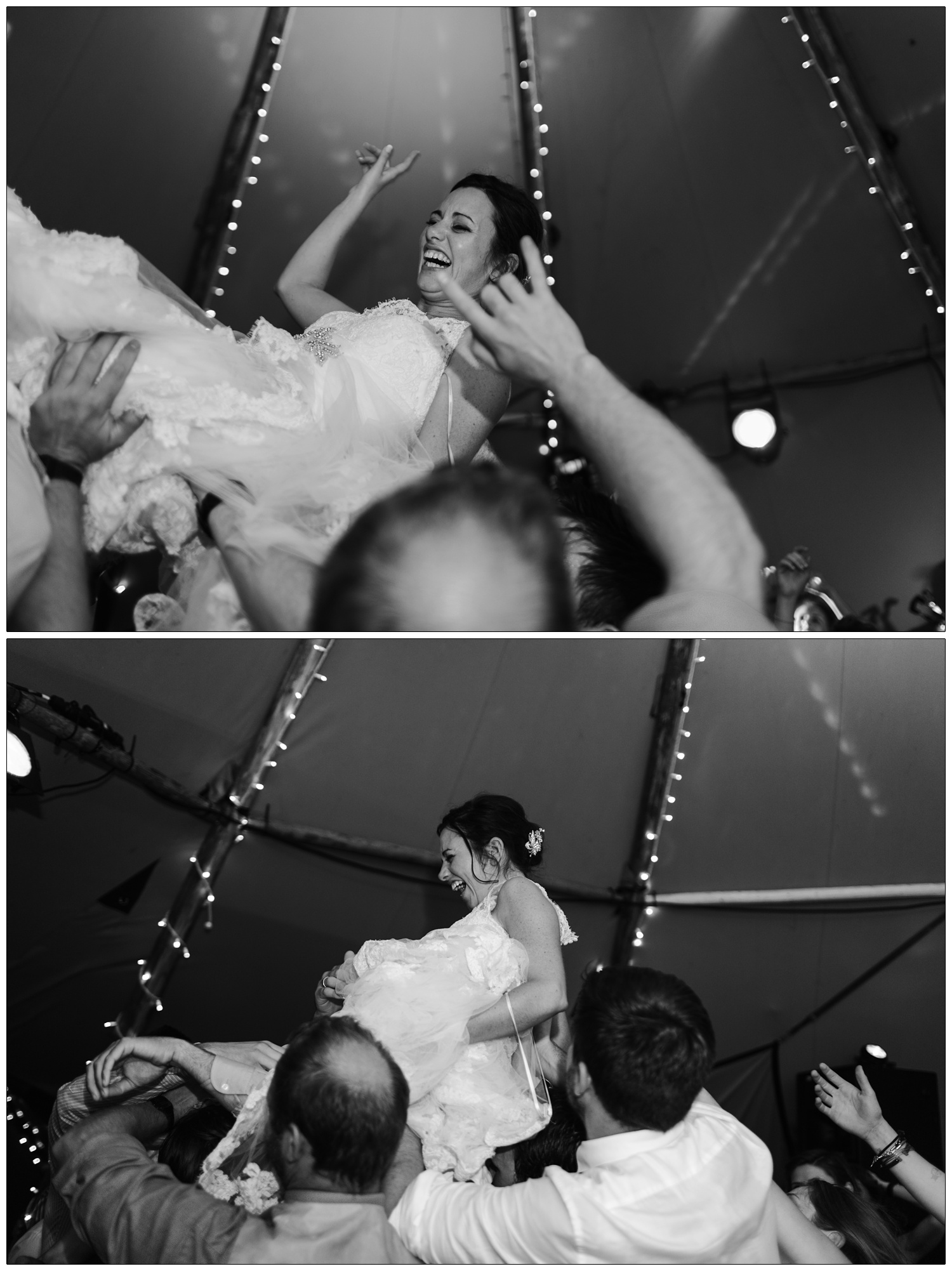 Bride in a lace wedding dress is crowd surfing at her wedding. A man is doing rock fingers.