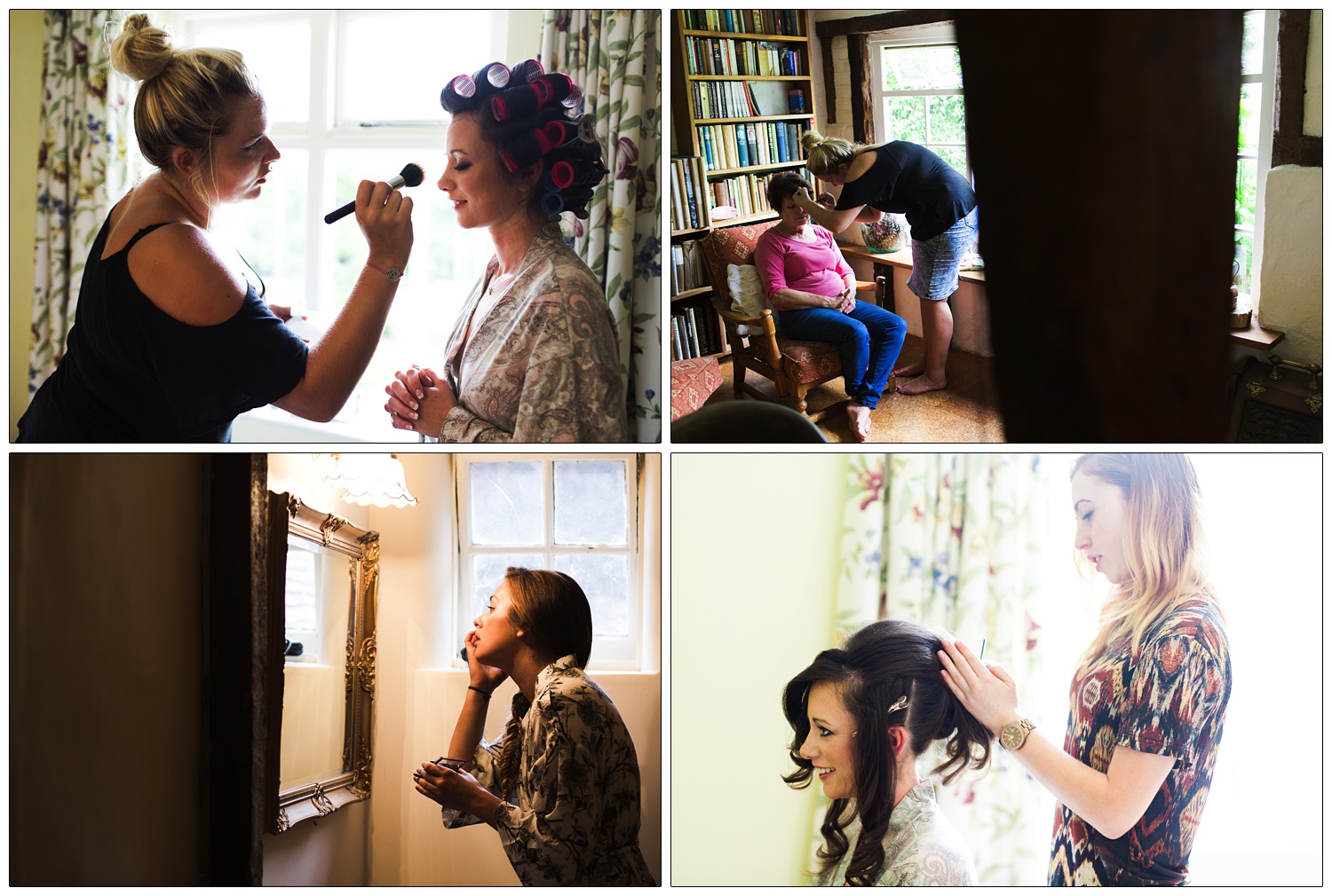 Bride is having her makeup done as she wears rollers in her hair.