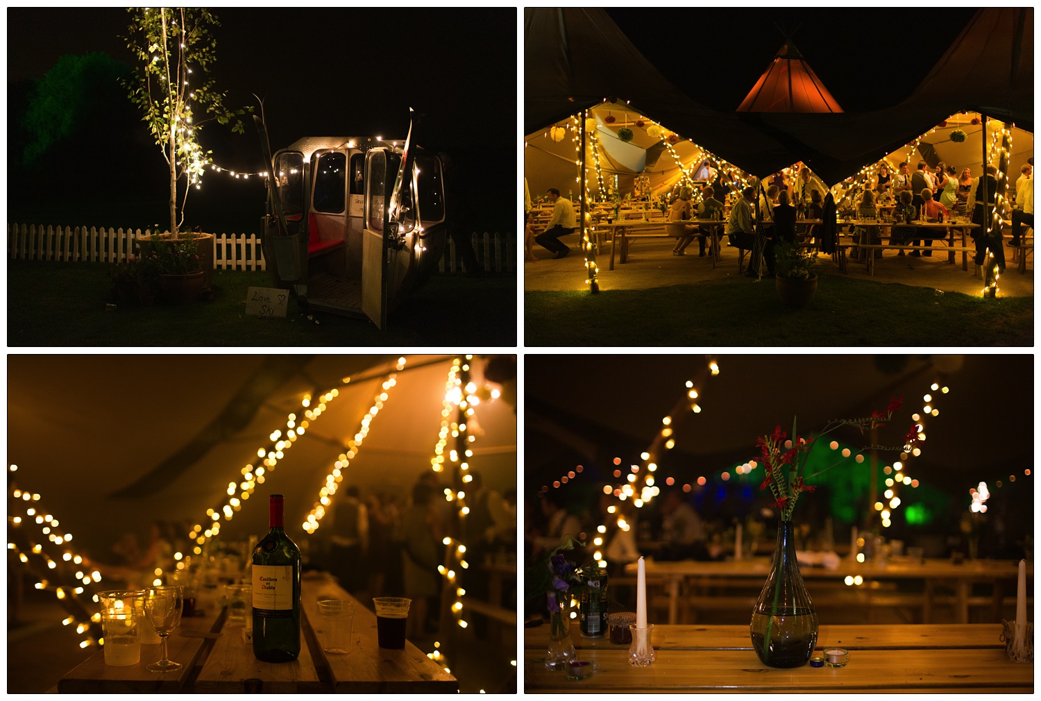 Details of a wedding at night. Wine bottle on a table, a ski cable car, a Tentipi lit up with lights.