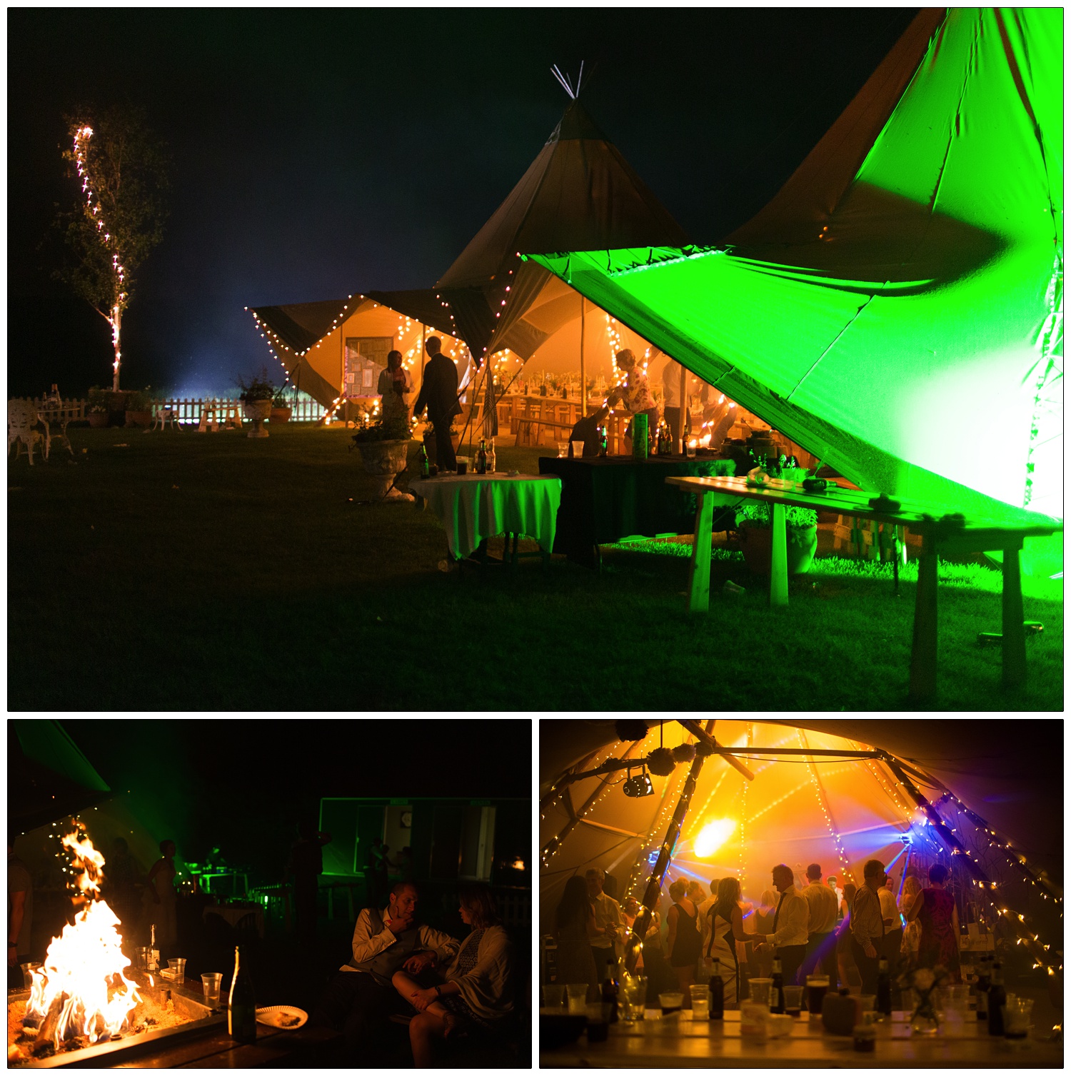 A Tentipi for a wedding reception is lit up green and orange, there is a fire pit people are sat next to, and in the tipi there are people dancing under orange and purple lights. It is nighttime at a wedding near South Woodham Ferrers.
