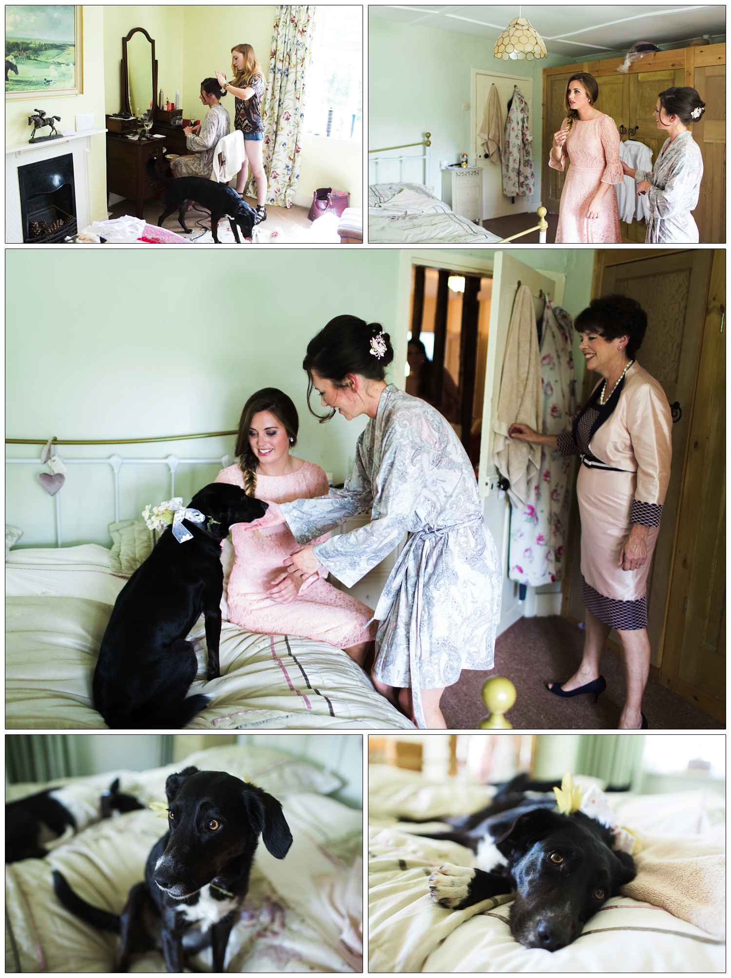 Bride, sister and mum are in the bedroom getting ready for a wedding. There is a black dog on the bed.