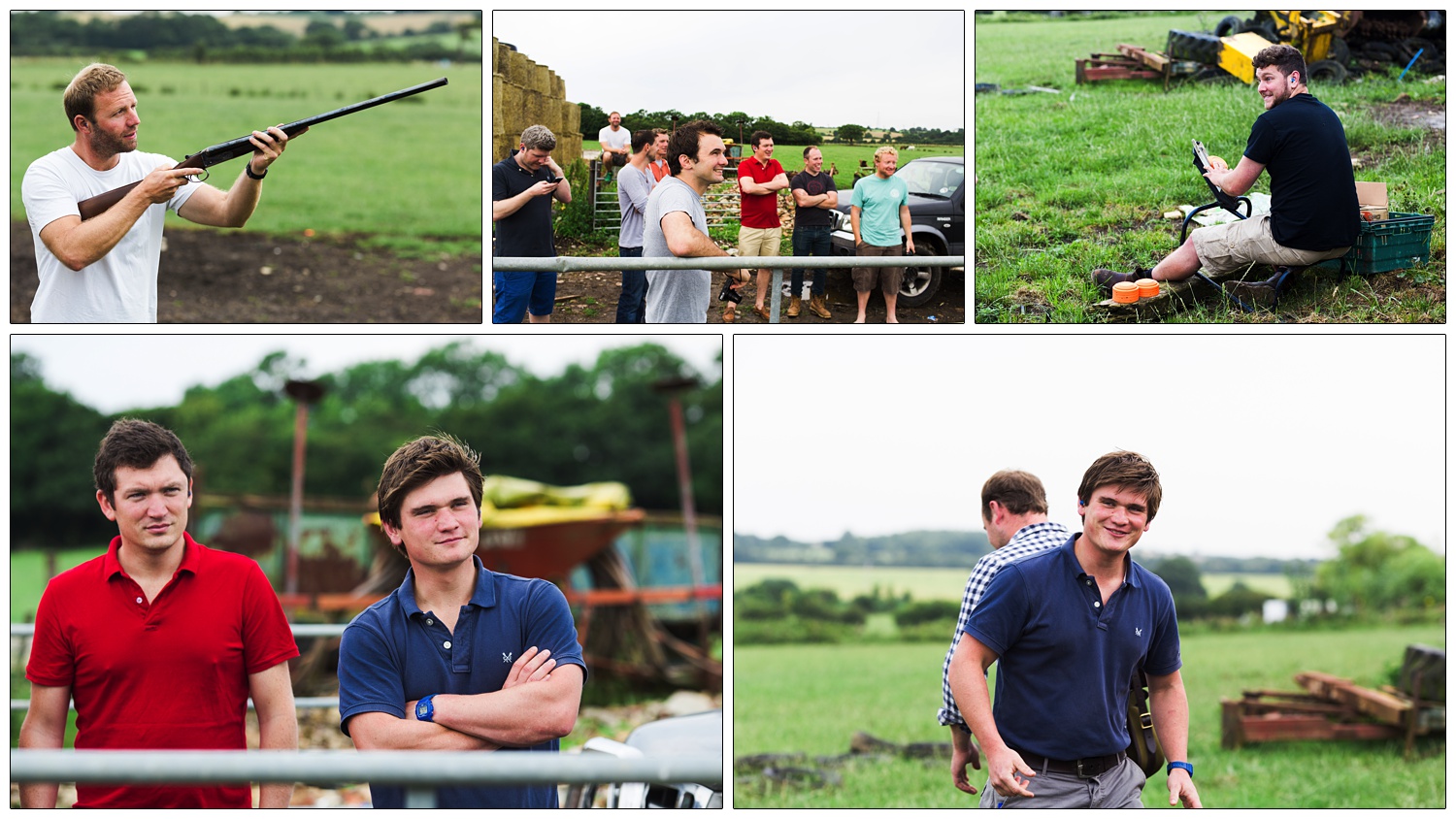 The groom is with his friends clay pigeon shooting on the morning of his wedding.