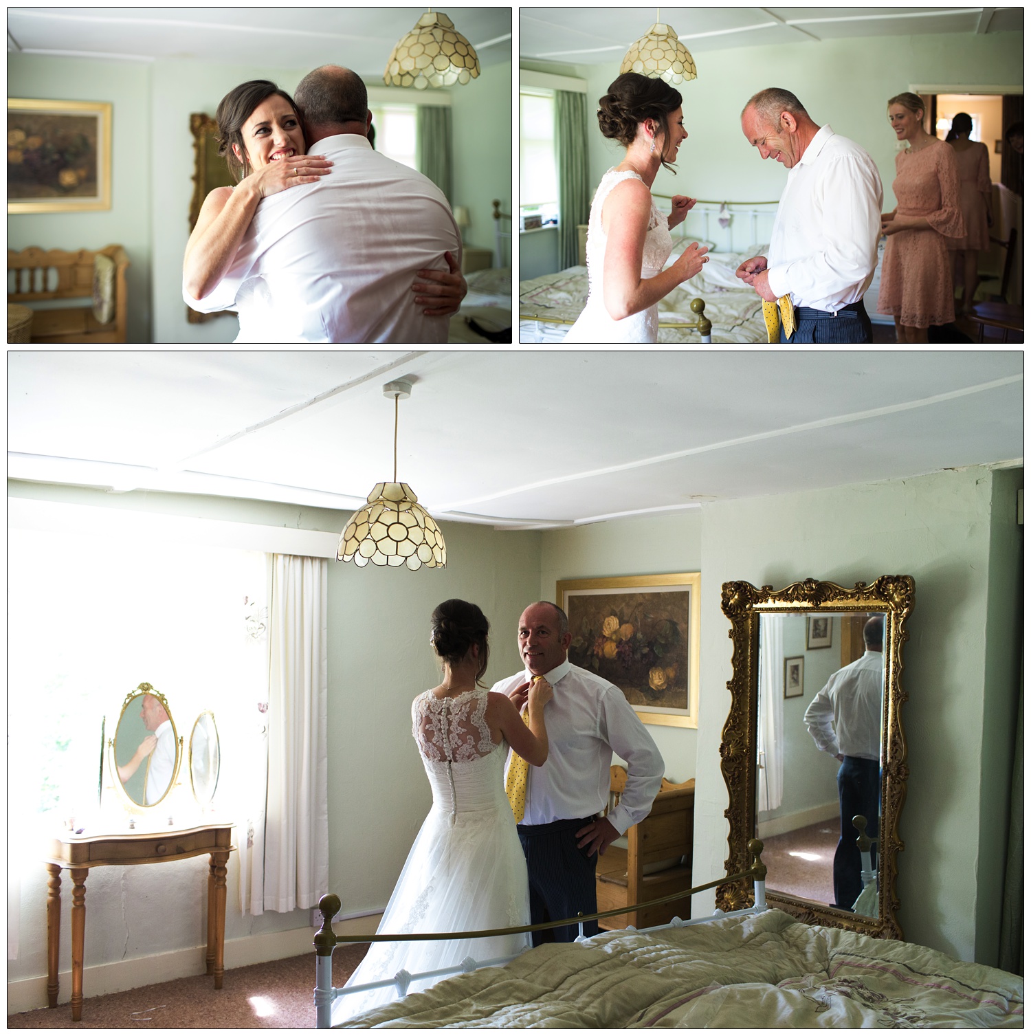 A woman in her wedding dress helps her dad do up his tie. This is reflected in a mirror. They are in a bedroom.