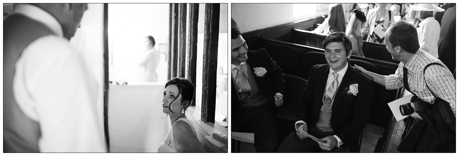 Bride looking at her dad, groom waiting in church.