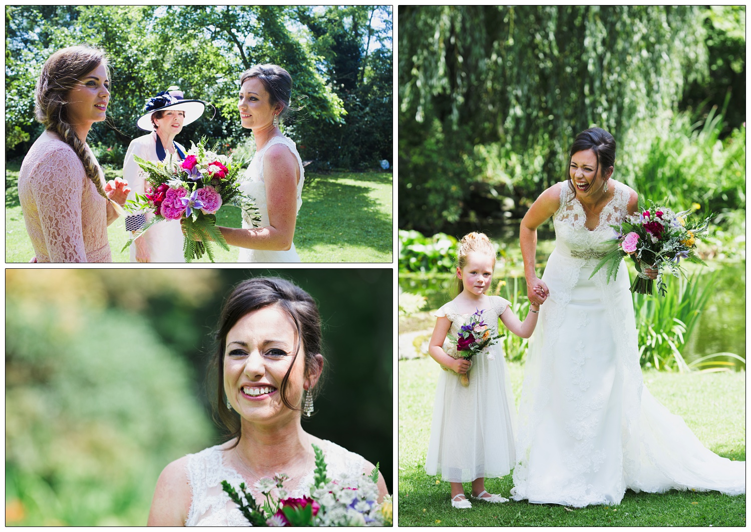 In the garden of the family home a bride is with her sister and mum, and the flower girl. It's before the wedding on a sunny day.