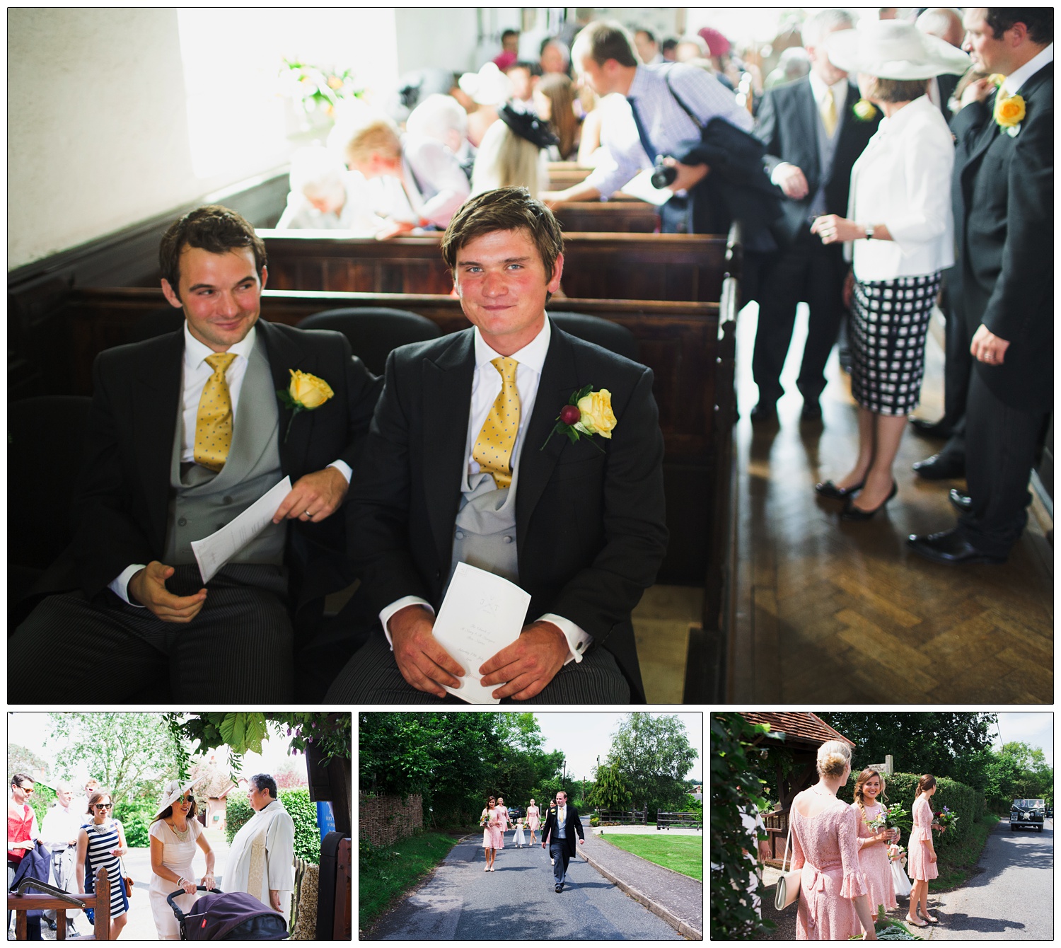 The groom sits in a pew at The Church of St Mary & St Margaret, waiting for his wife-to-be.