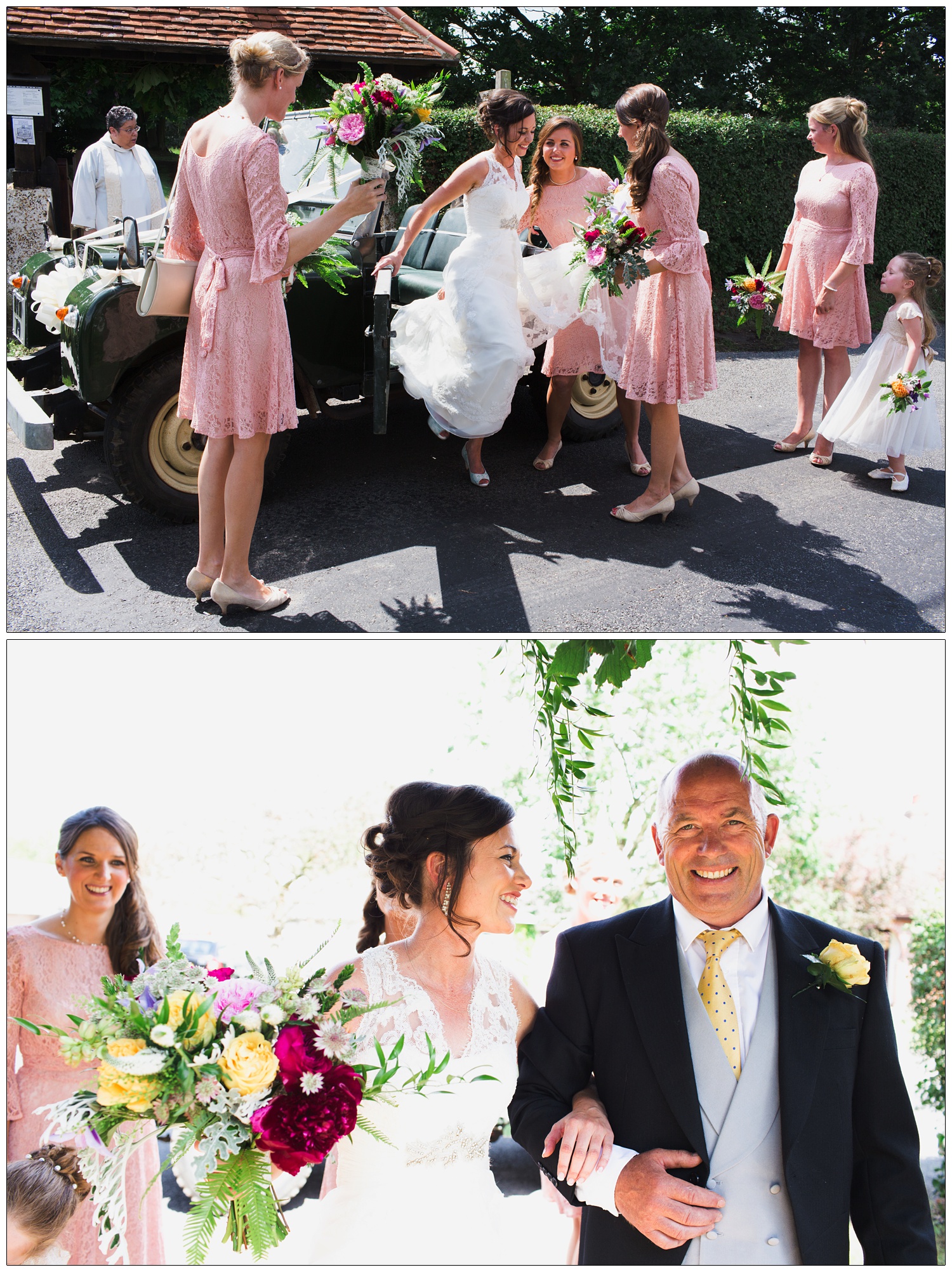 The bride looks at her dad as they arrive at The Church of St Mary & St Margaret in Stow Maries.