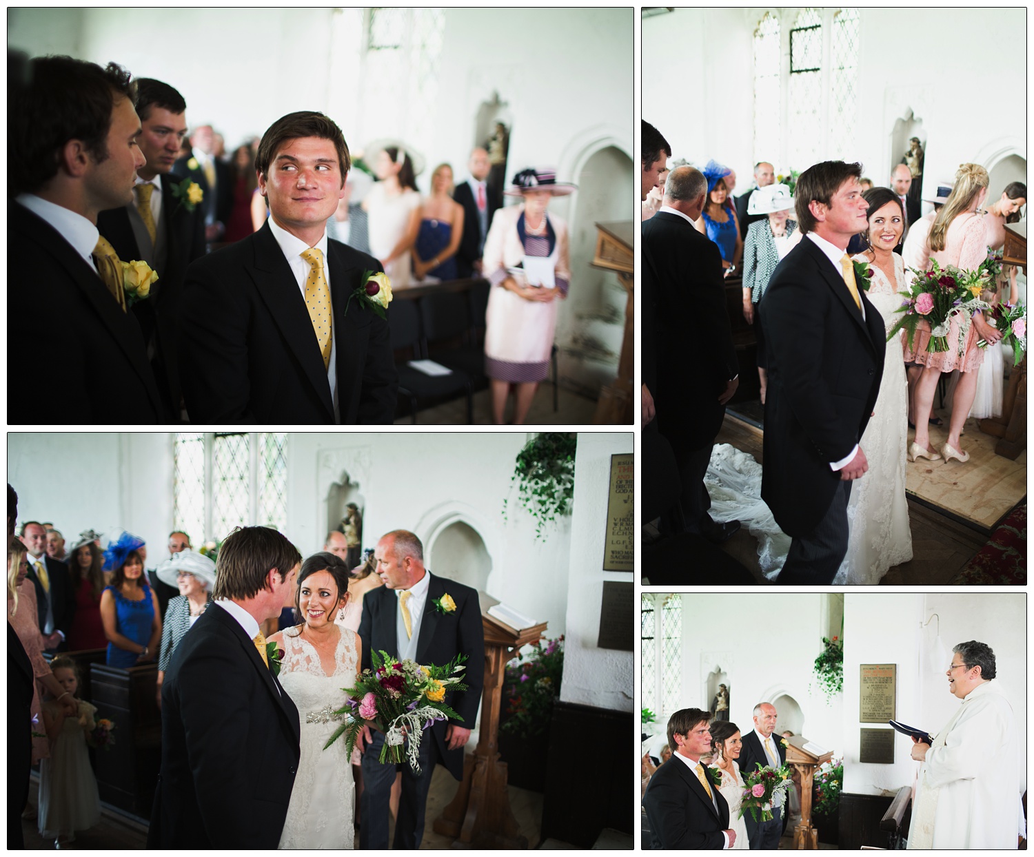 Pictures during a wedding ceremony at The Church of St Mary & St Margaret in Stow Maries. The bride is wearing a lace dress, the groom is in a dark suit with a spotted yellow tie.