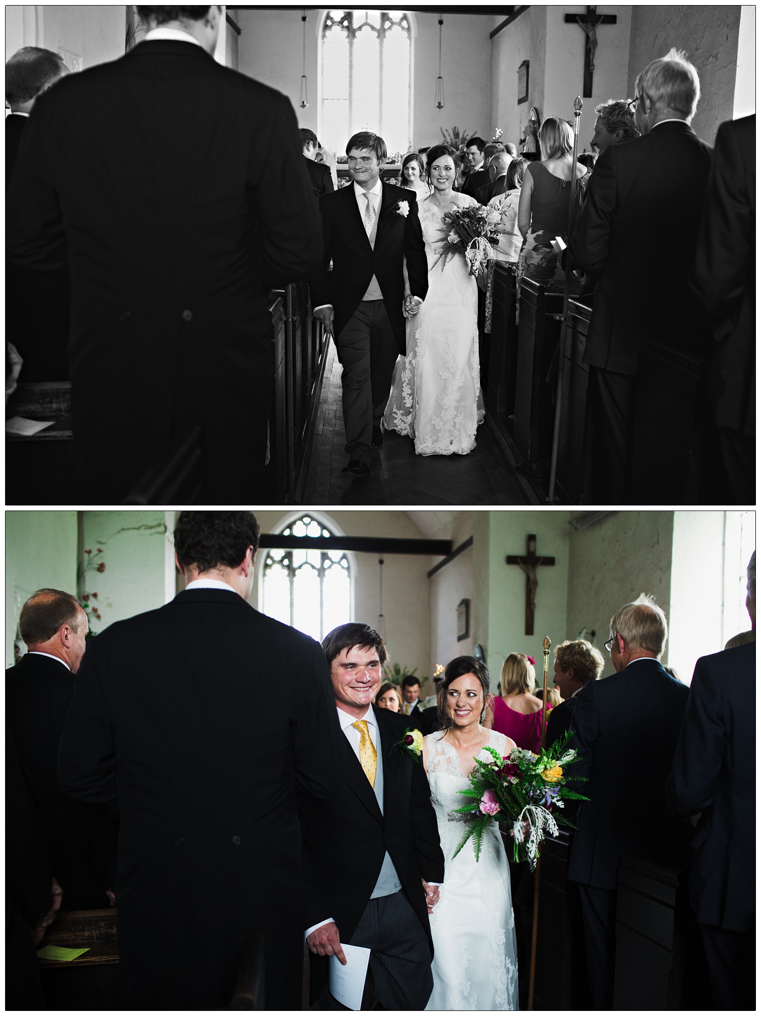 Couple walking down the aisle of a church in Stow Maries.