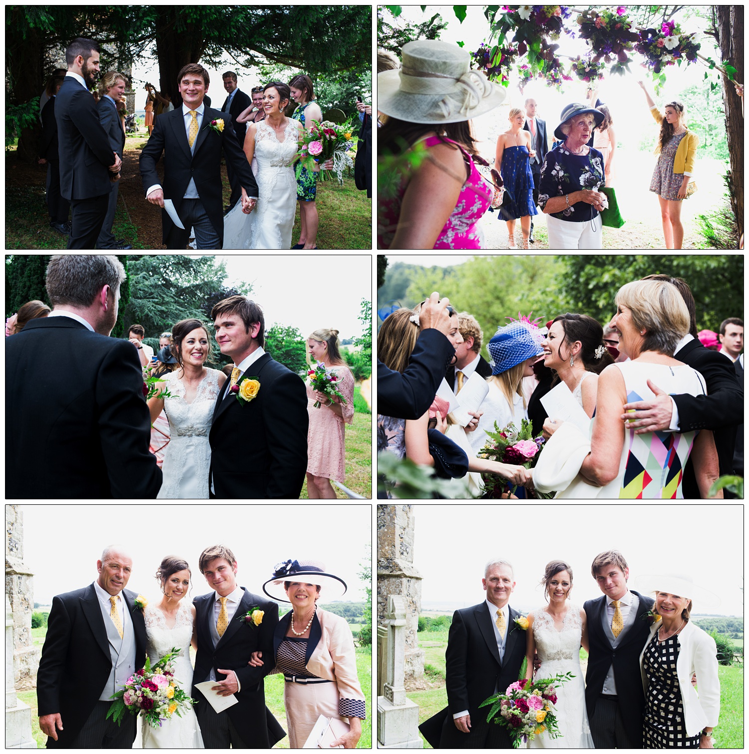 Wedding photographs of people outside The Church of St Mary & St Margaret in Stow Maries.