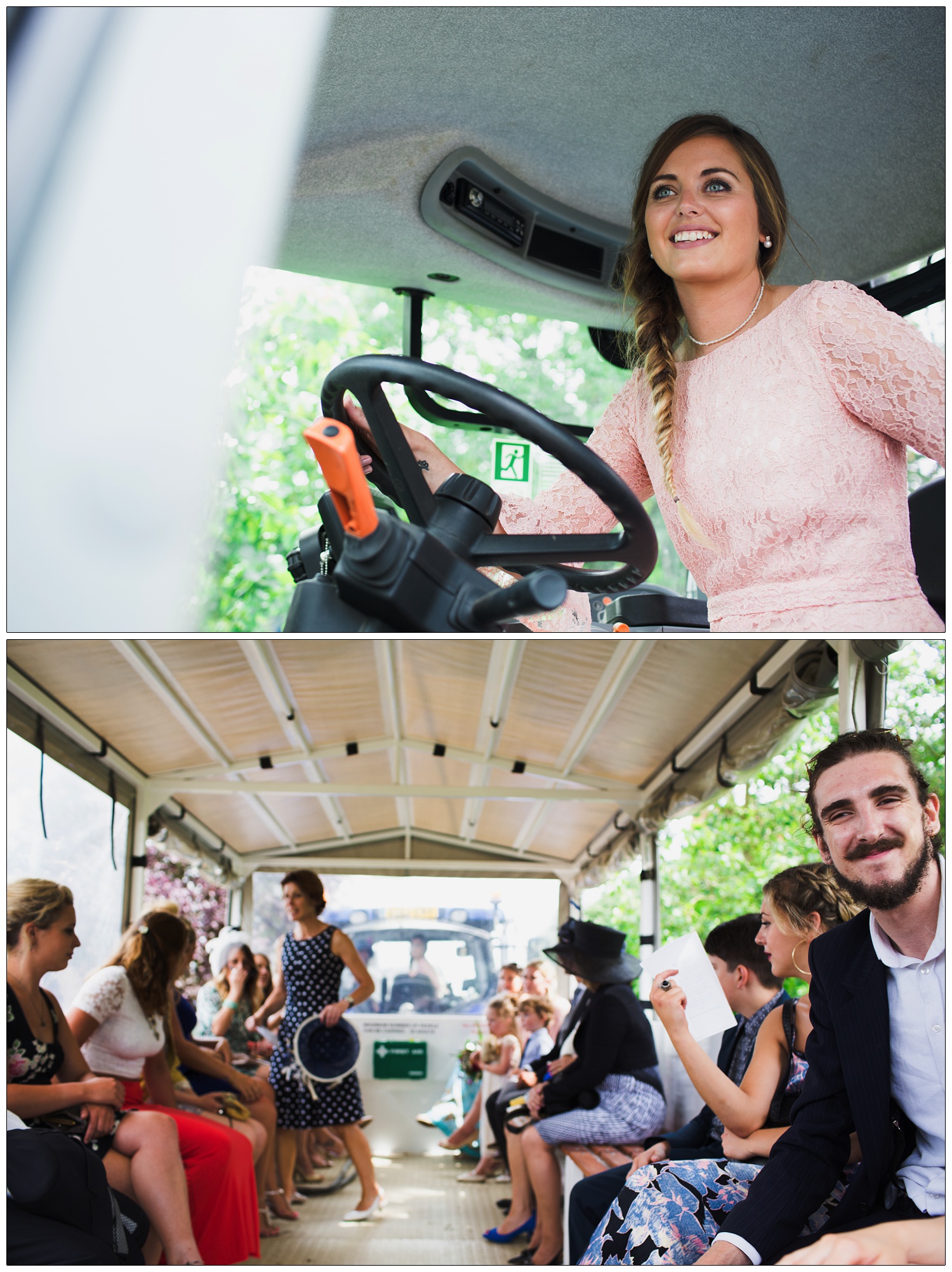 Bridesmaid is driving a tractor. It's pulling a trailer of wedding guests to the reception from the church.