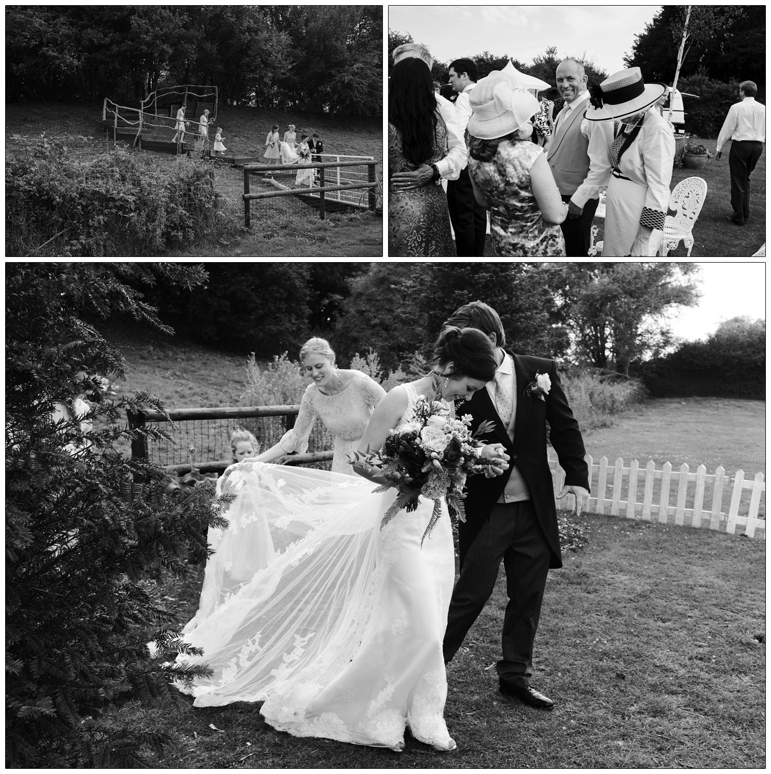 The bride and groom come down the wooden stairs outside down to their wedding reception. A bridesmaid helps the dress.