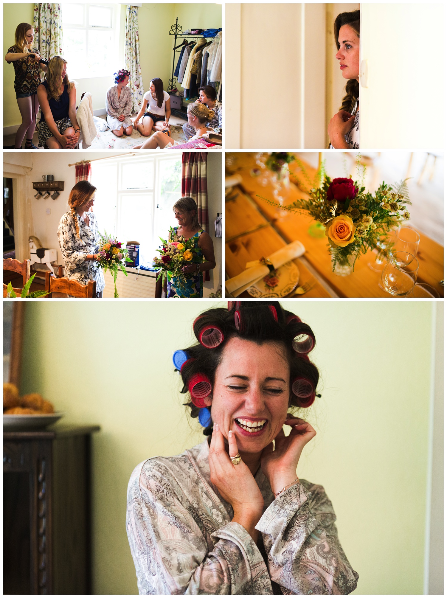 Bride laughs with rollers in her hair.
