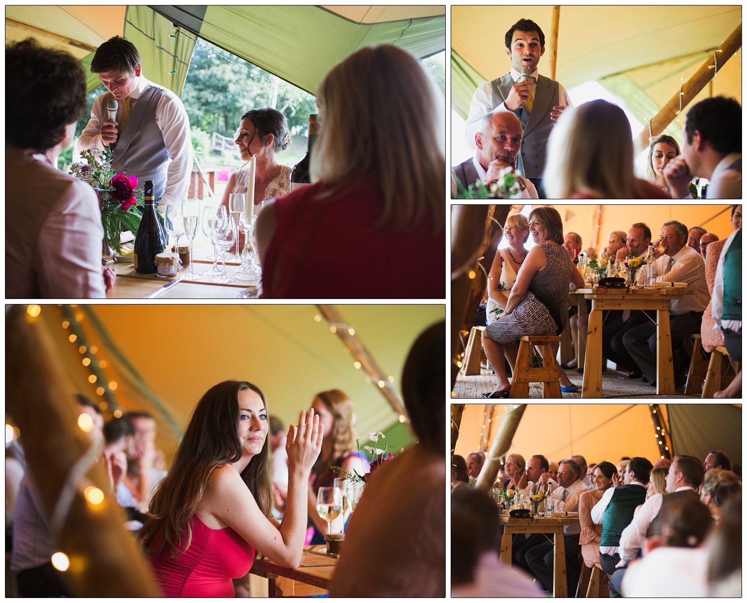 Wedding guests sat at benches during the speeches. There are glasses of wine on the tables. They are in a Tentipip.