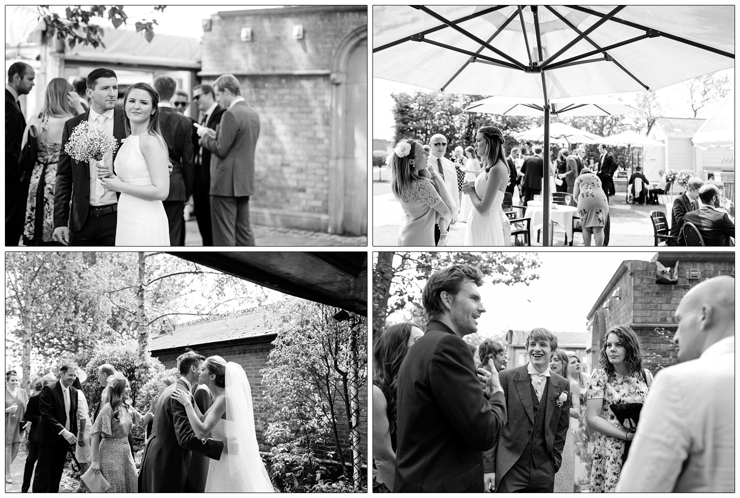Black and white photographs from Friern Manor. A woman holds flowers and looks at the camera. A bride kisses a guest in the receiving line.
