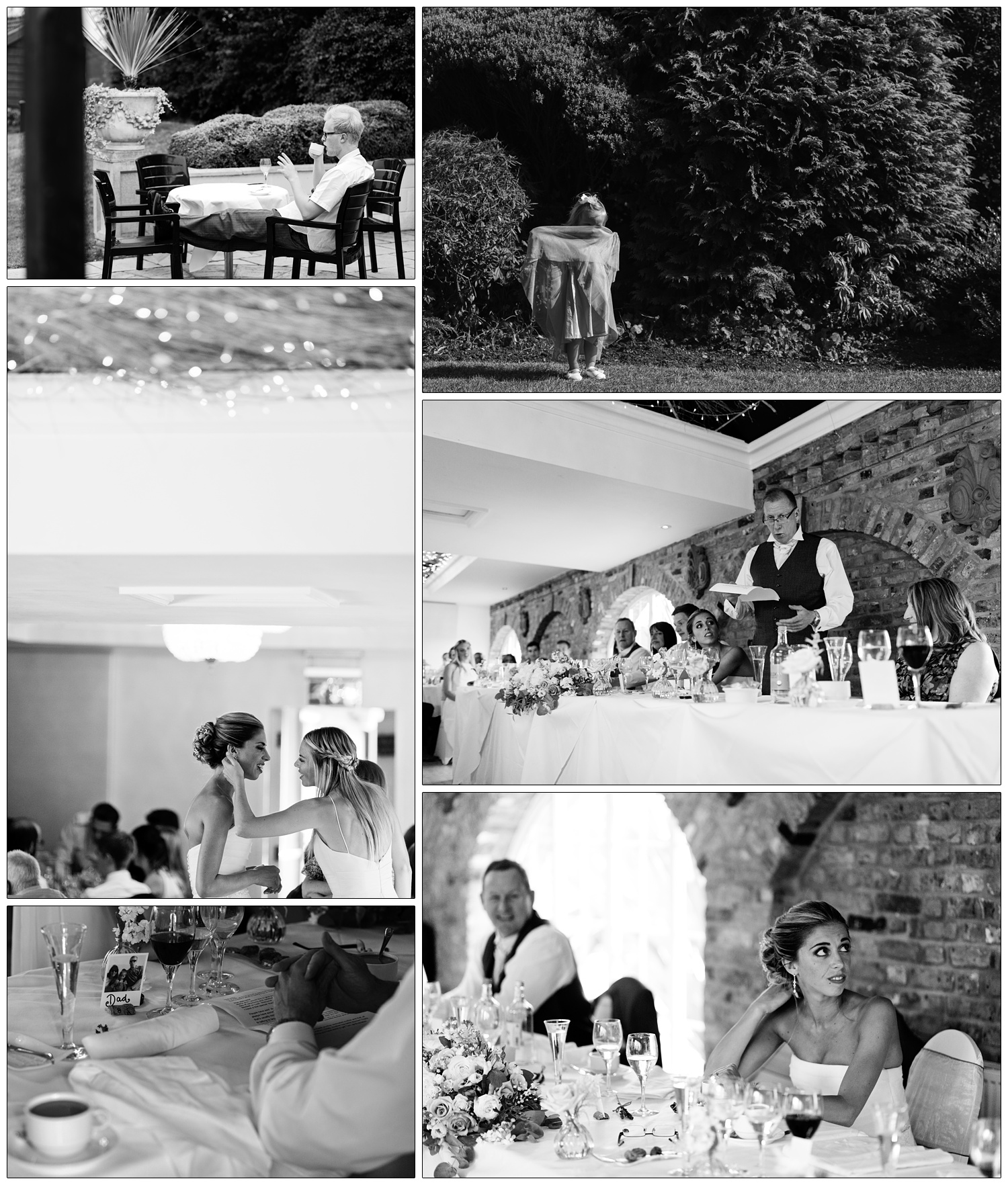 Black and white photographs from the wedding speeches. A man has a cup of tea outside. A small girl hides behind her dress. Father of the bride looks at his speech.