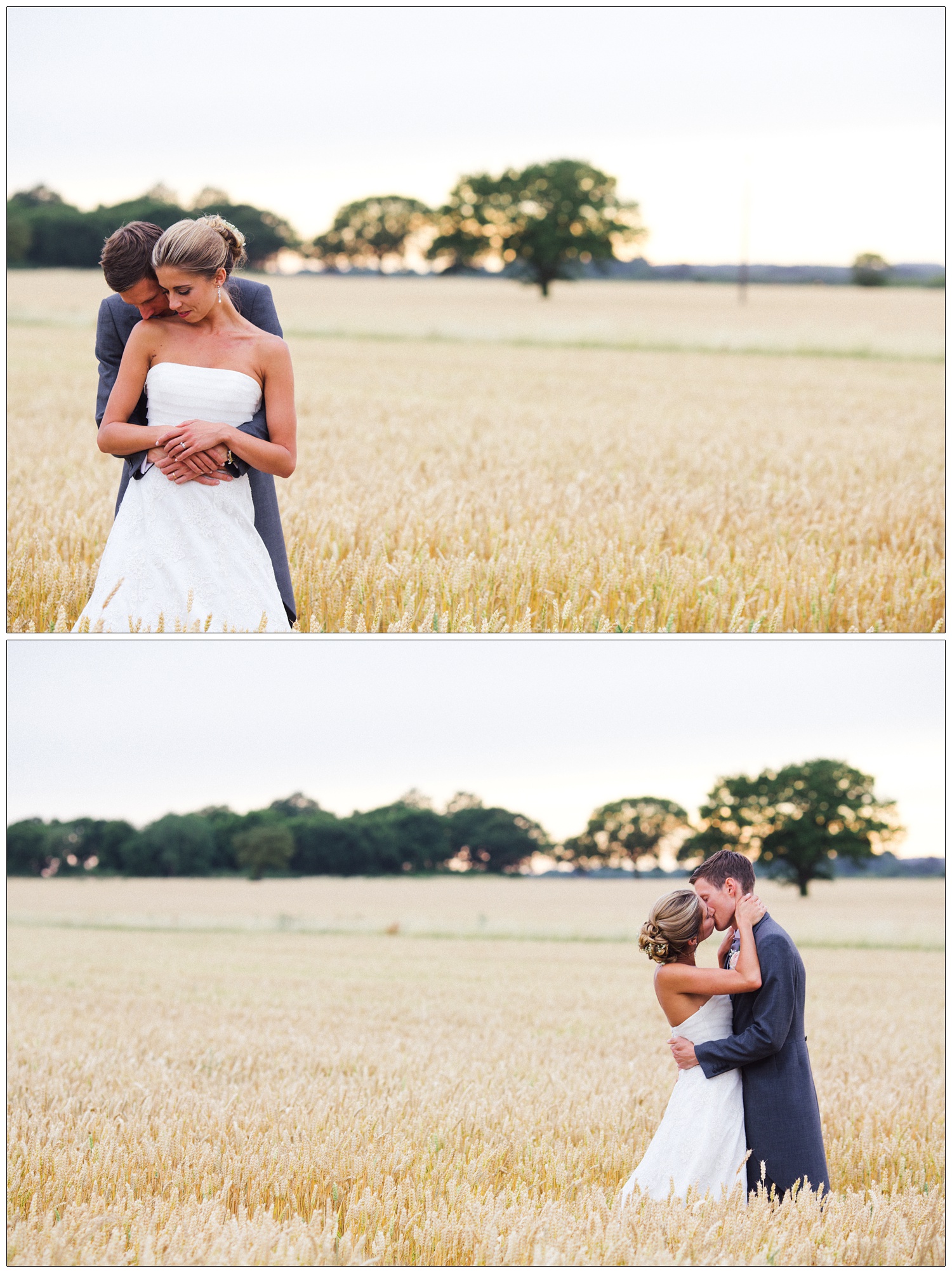 Bride and groom hugging and kissing in a field.