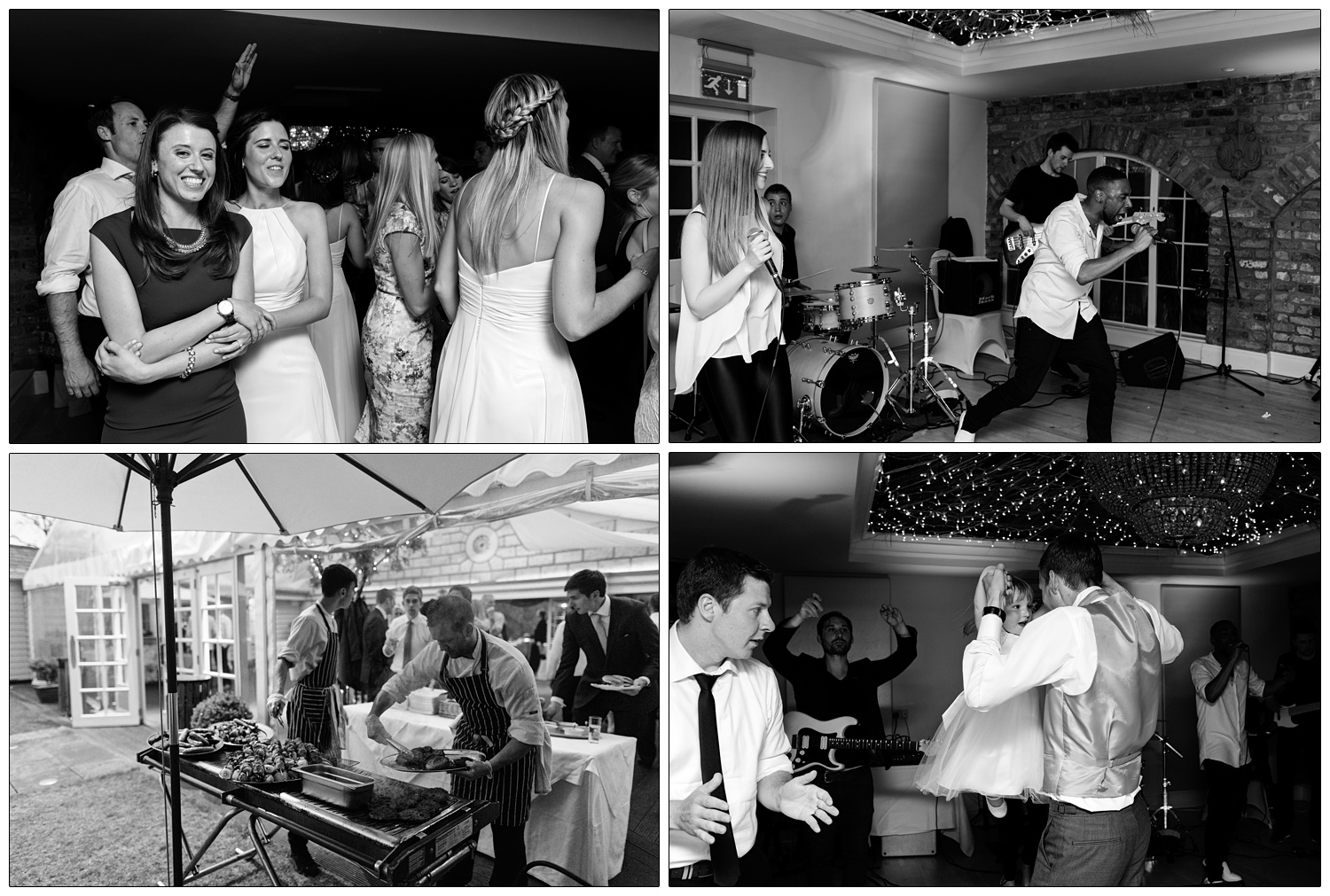 People dancing at a wedding reception whilst a chef cooks on the barbeque at Friern Manor