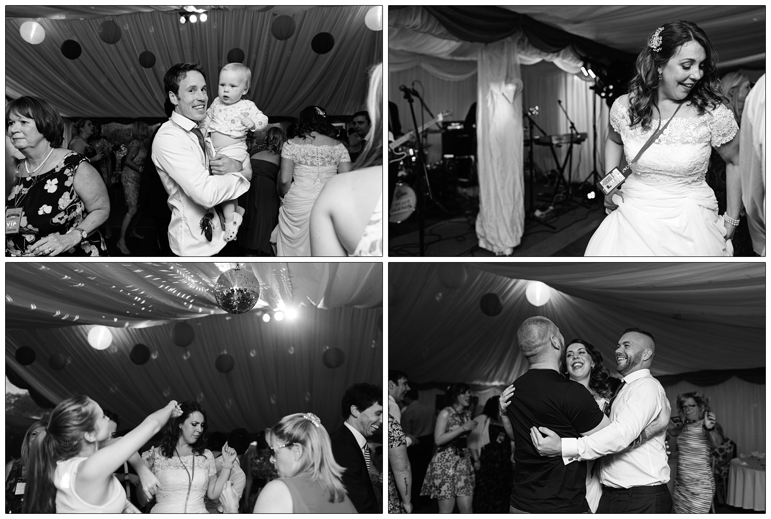 Candid pictures of people dancing at a wedding reception in a garden at home.