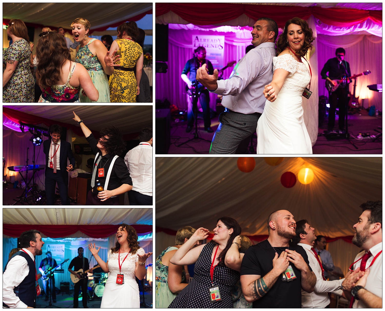 Bride is dancing with wedding guests in a marquee. The band Already Legends are playing. The lighting is purple, blue and orange.