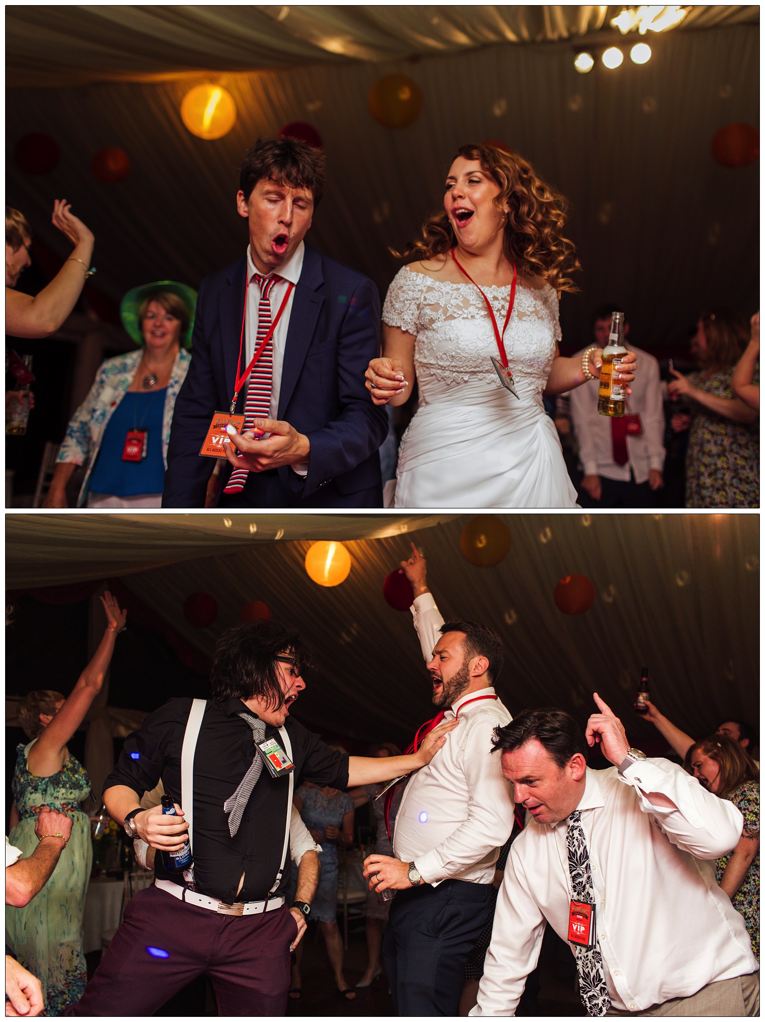 Enthusiastic dancing in a marquee at a festival themed wedding. Men are pointing in the air and singing.
