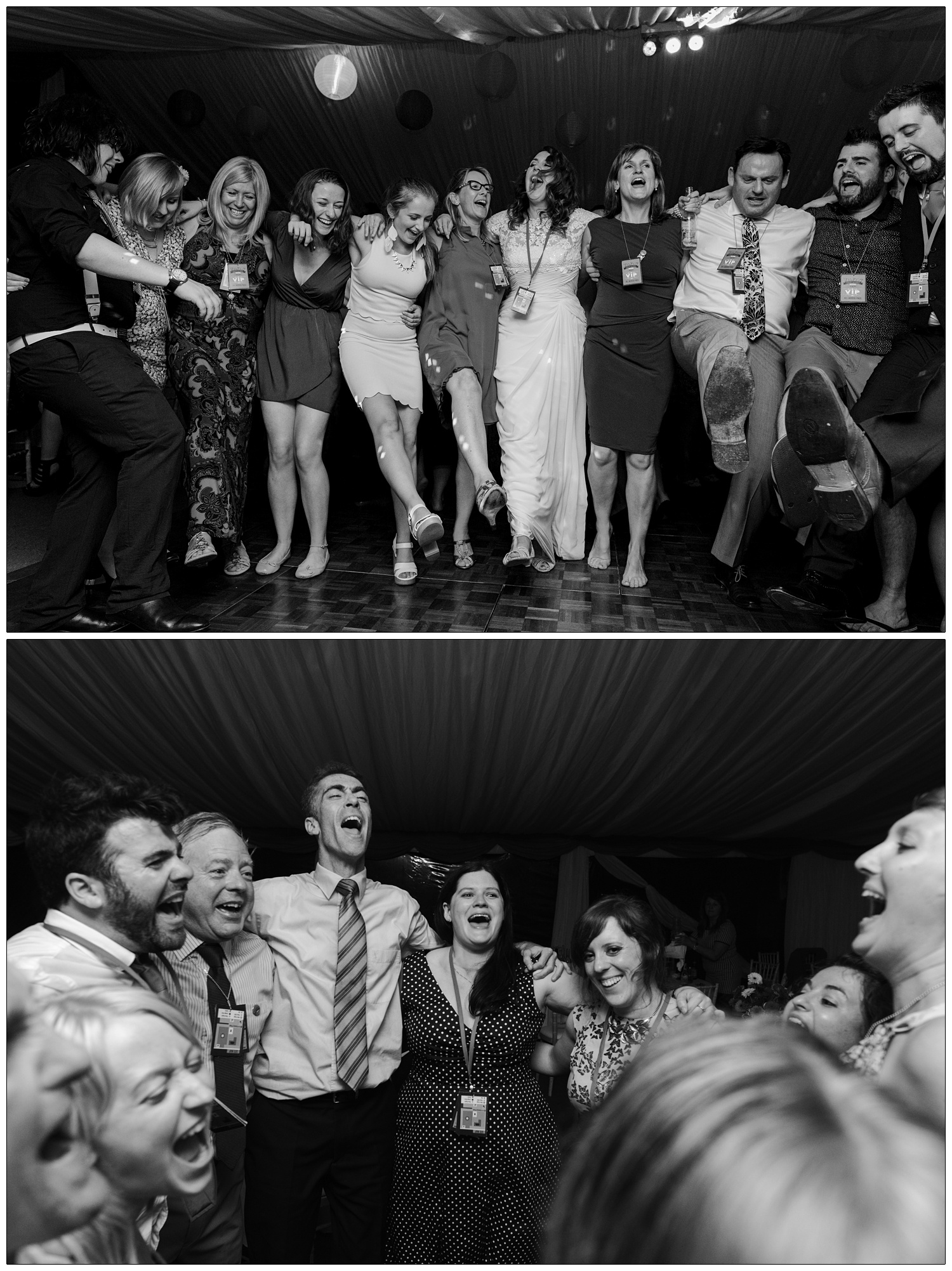 People in a row at a wedding reception. They are dancing, kicking legs out with arms around each other.