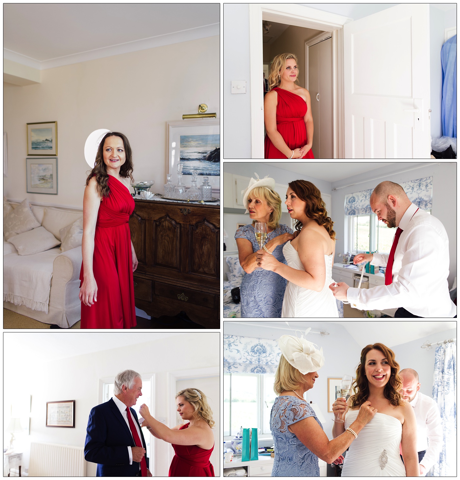 Bridesmaids in red dresses and the bride in white, are getting ready at home with her family.