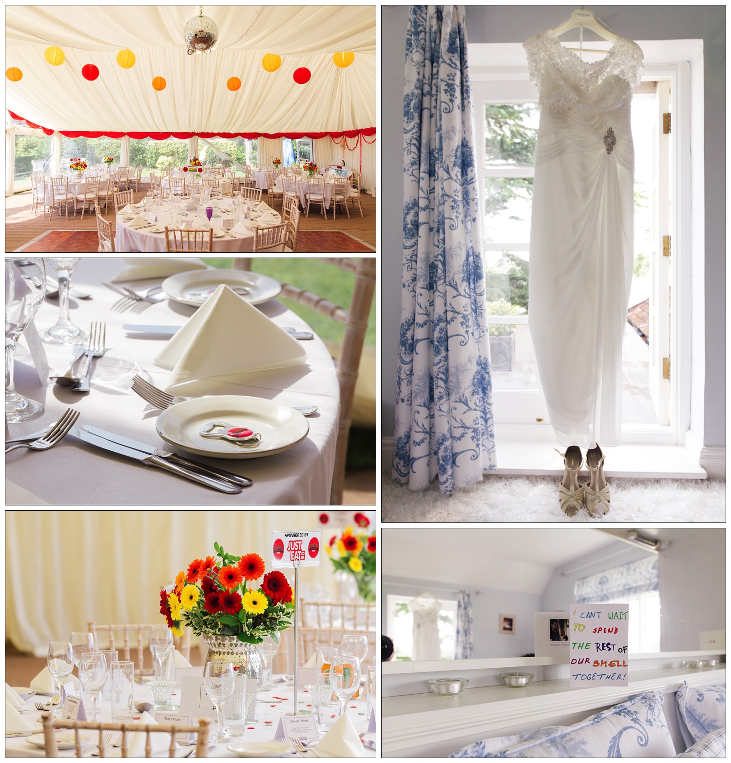 The marquee dressed for a wedding with paper lanterns and gerbera daisies in yellow, orange and red. There are festival themed details and beer bottle opener favours.