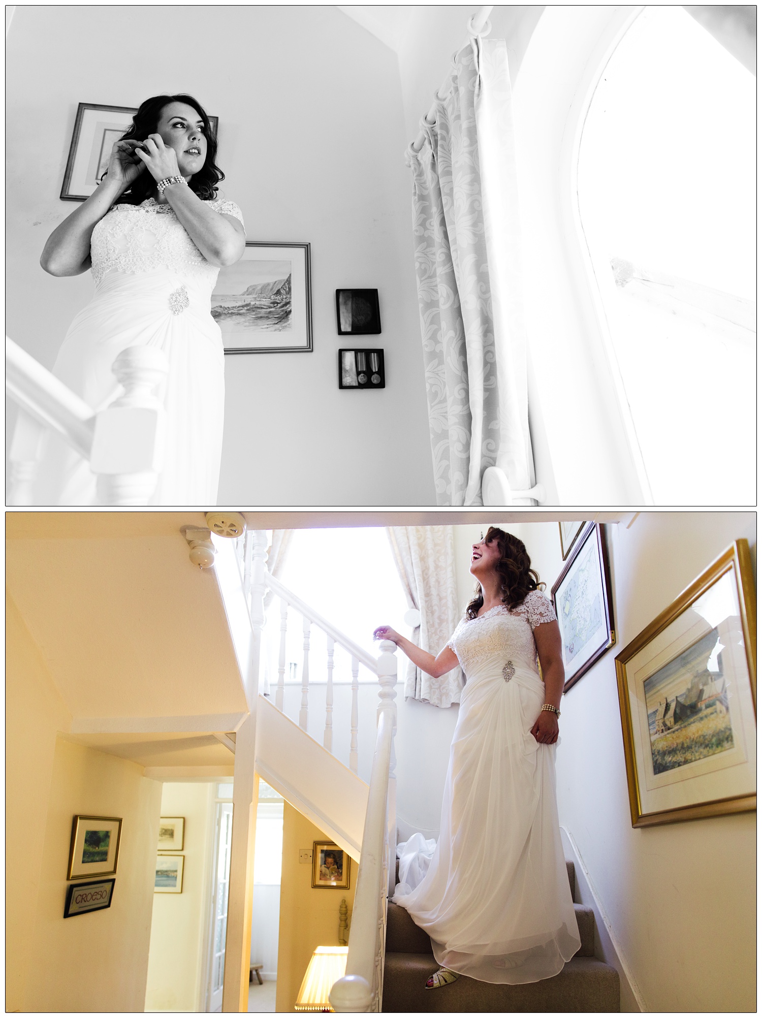 A woman on the stairs in a wedding dress puts on an earring.