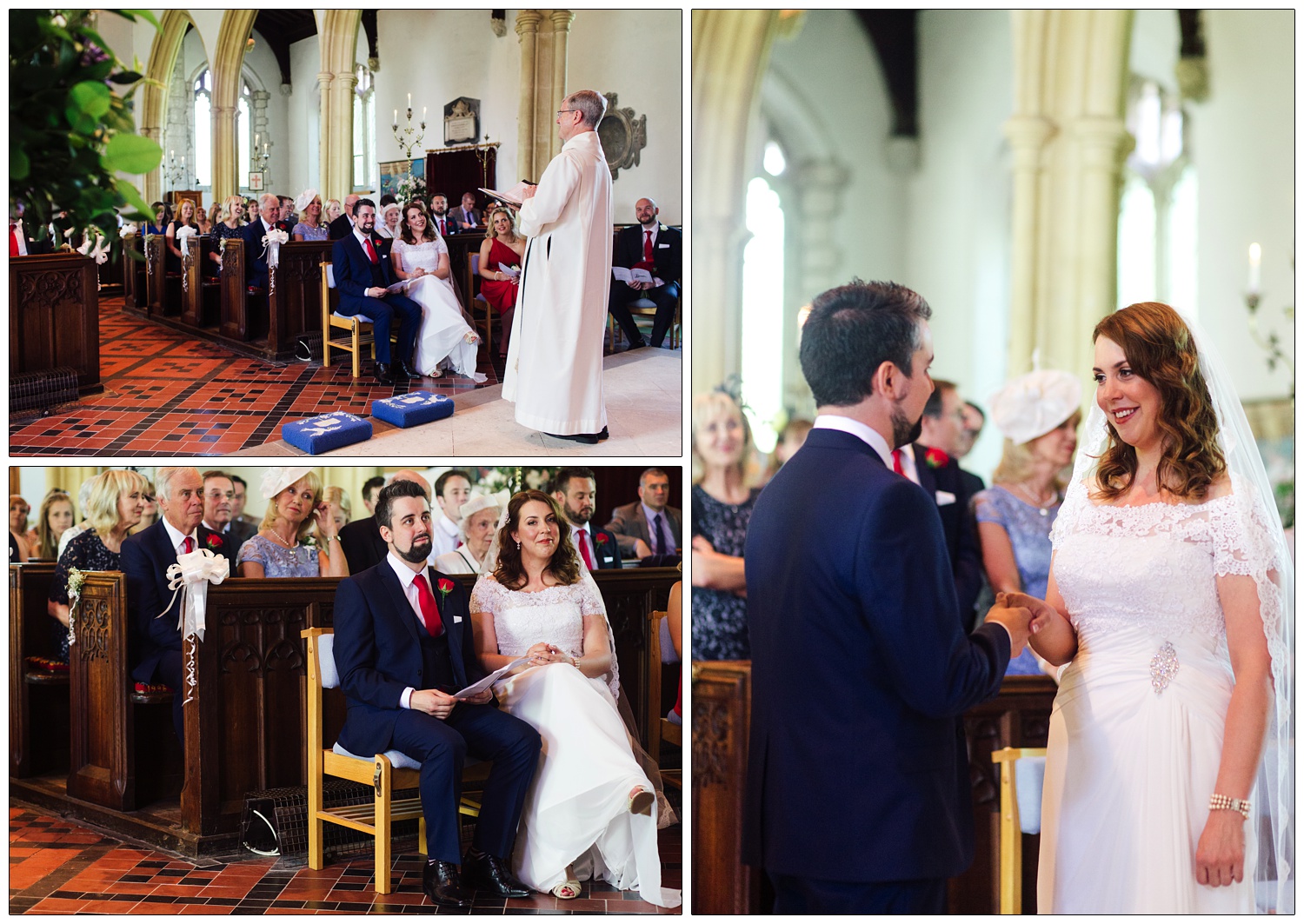 Bride looks at the camera whilst sat next to the groom in St Andrew's Church, Chew Magna.