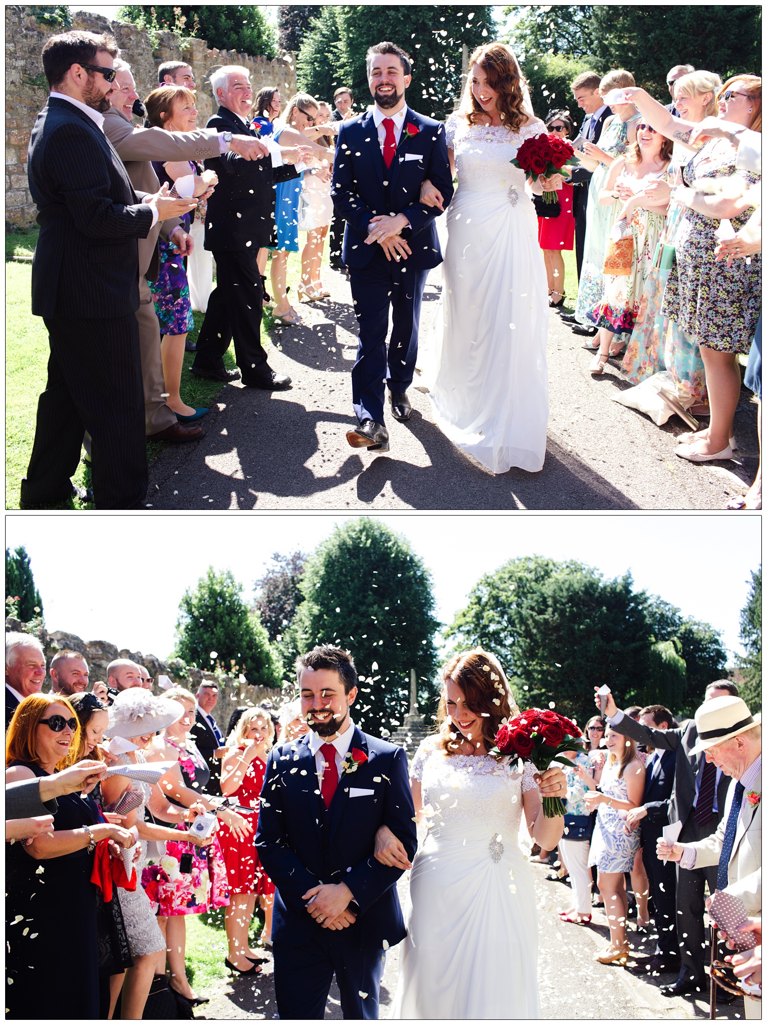 People throw confetti at newly married couple outside the church in Chew Magna.