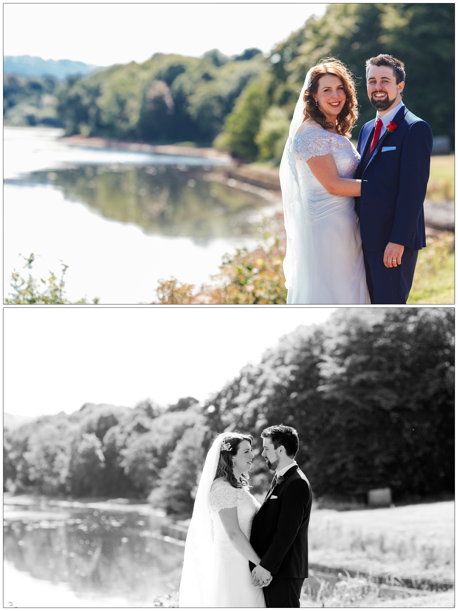 A newly married couple posing by the Chew Valley Lake.