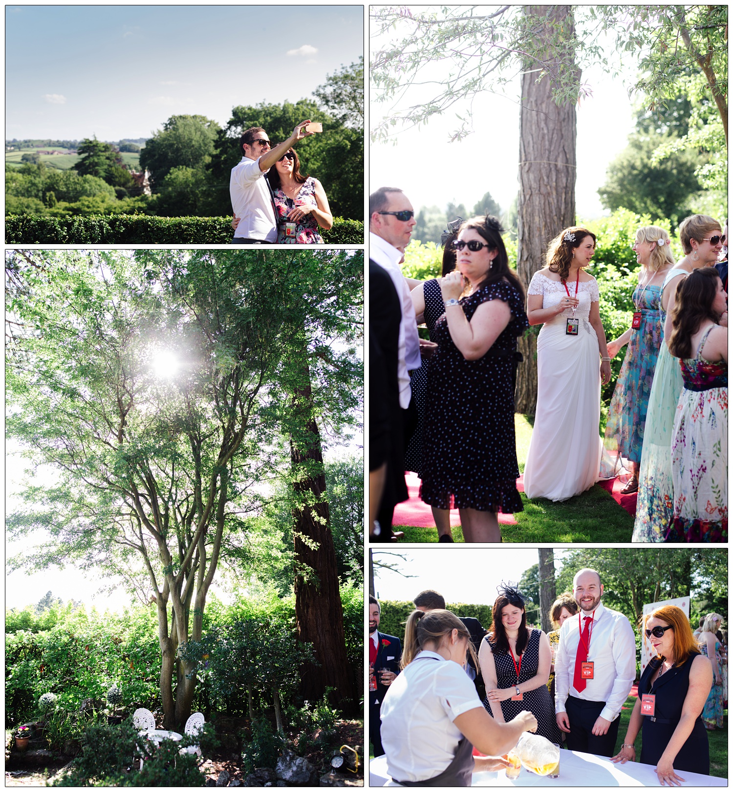 Drinks in the garden at a wedding reception in Chew Magna. The light is streaming through the trees.