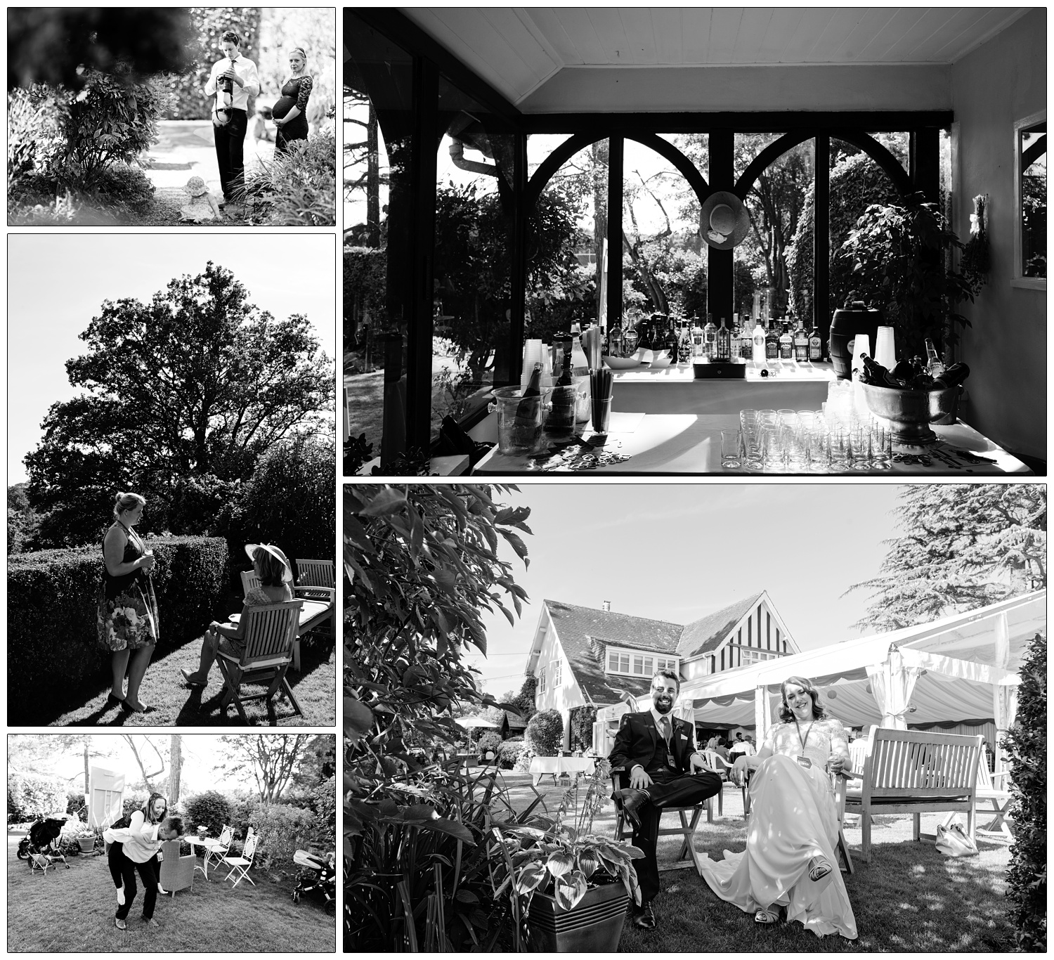 Reportage black and white photographs of a wedding reception in a garden. A bar has been set up in a conservatory.