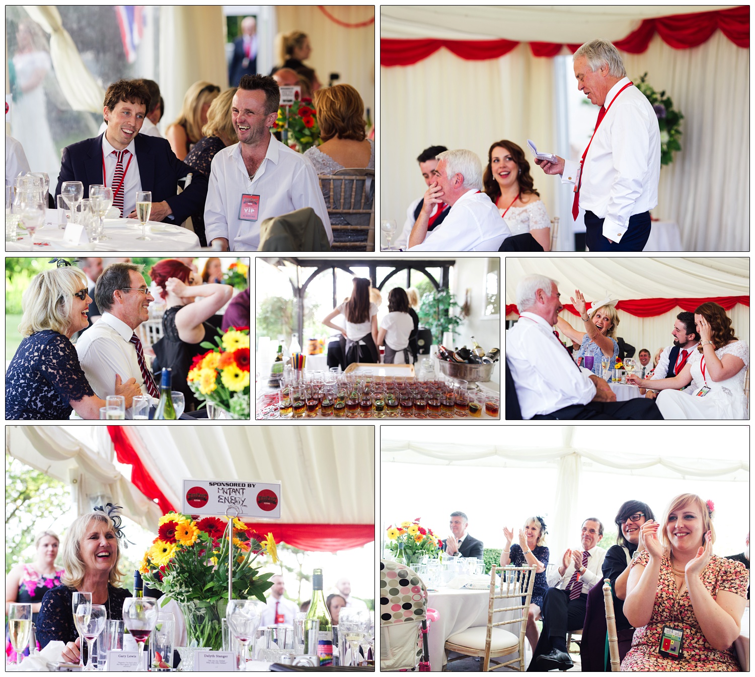 People sat in a marquee listening to wedding speeches. It's a festival themed wedding so guests are wearing lanyards.