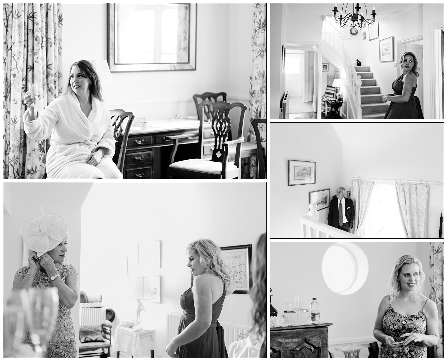 Bride in her dressing gown with a glass of champagne, at home getting ready.