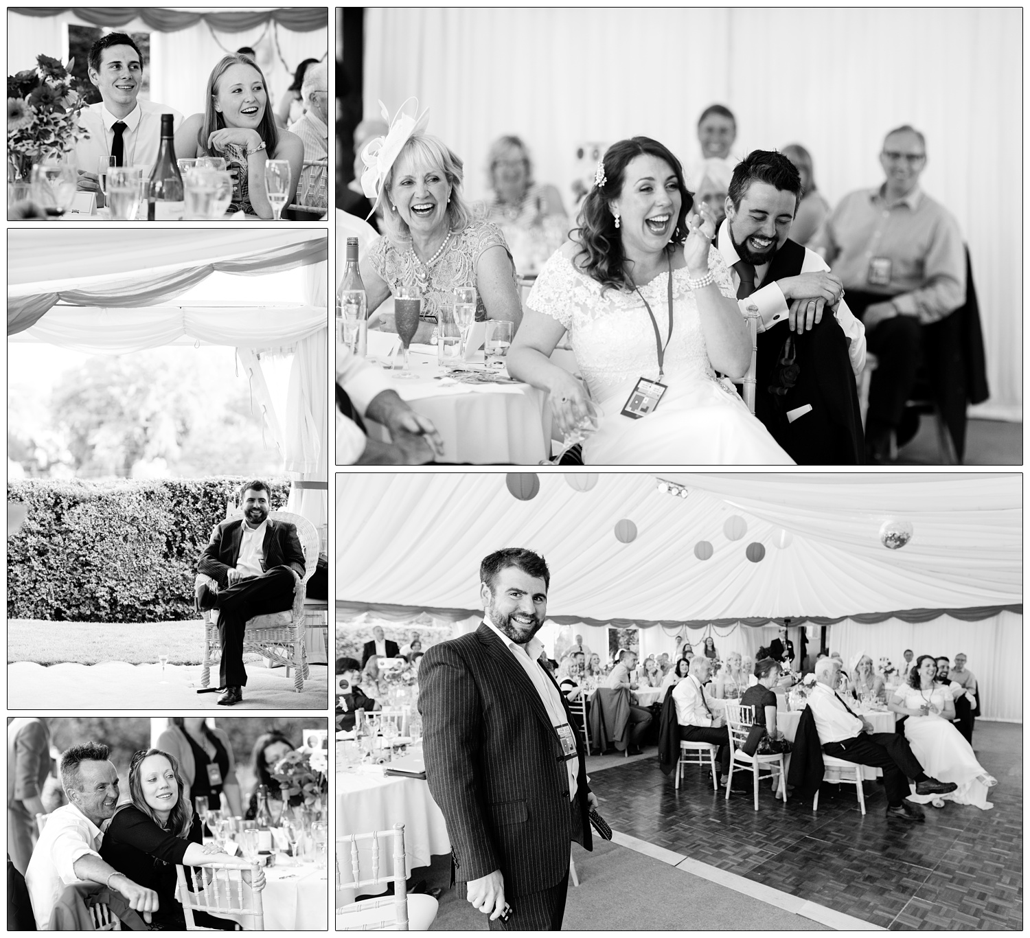 People sat at round tables listening to wedding speeches.