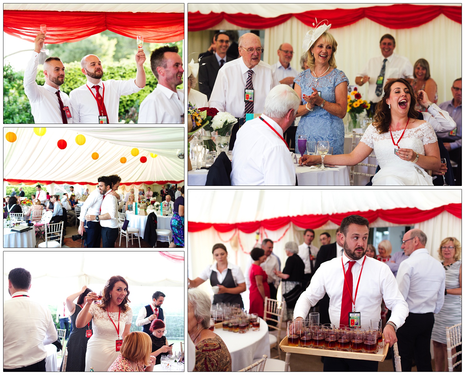 A man carries a tray of Jägerbombs at a wedding. The bride is sat at her table and laughs.