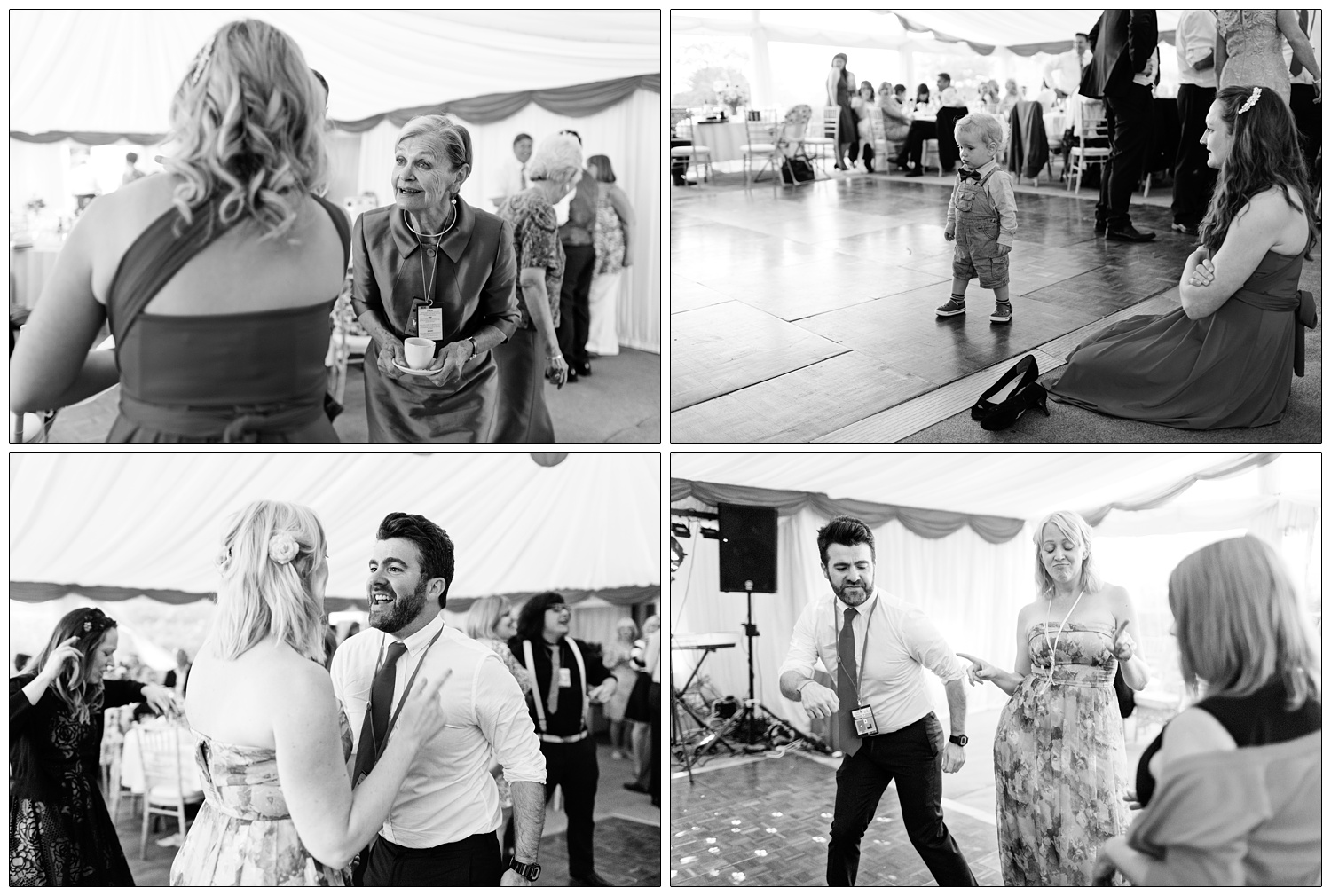 Candid black and white photographs of people dancing at a wedding reception in a marquee.
