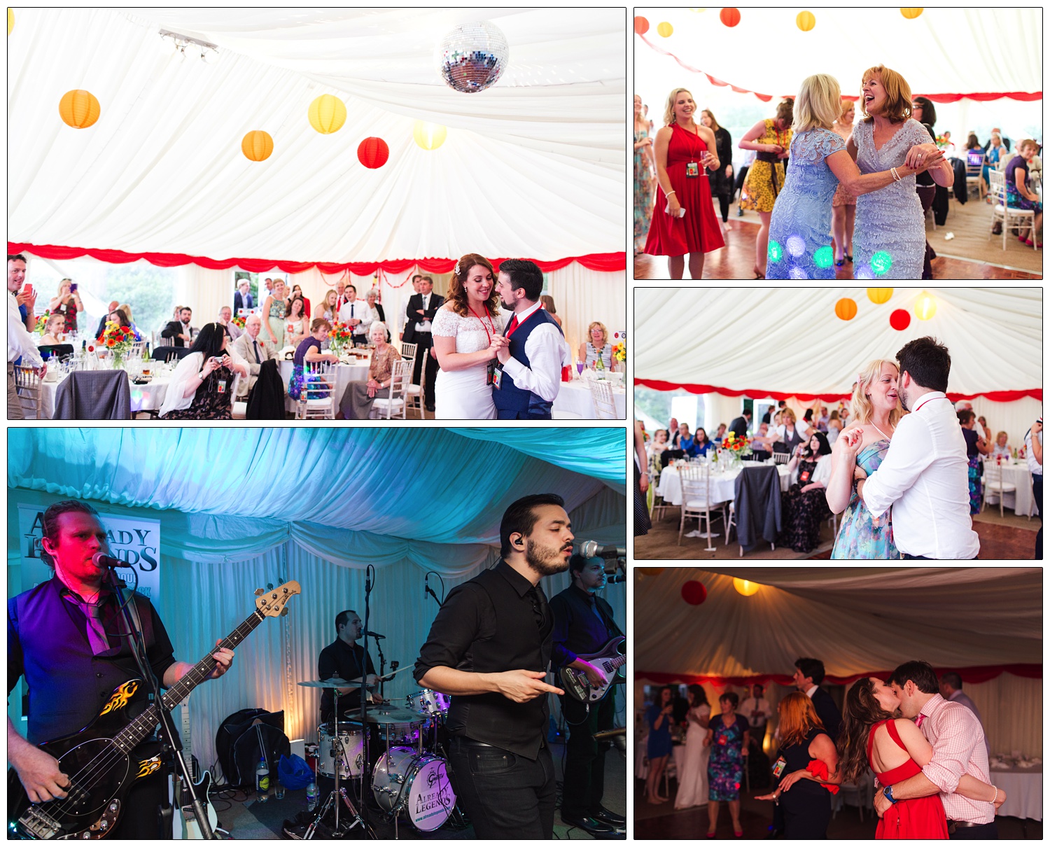 Already Legends band performing at a wedding in a marquee, in Chew Magna. The marquee is decorated with yellow, red, and orange paper lanterns. the couple have their first dance.