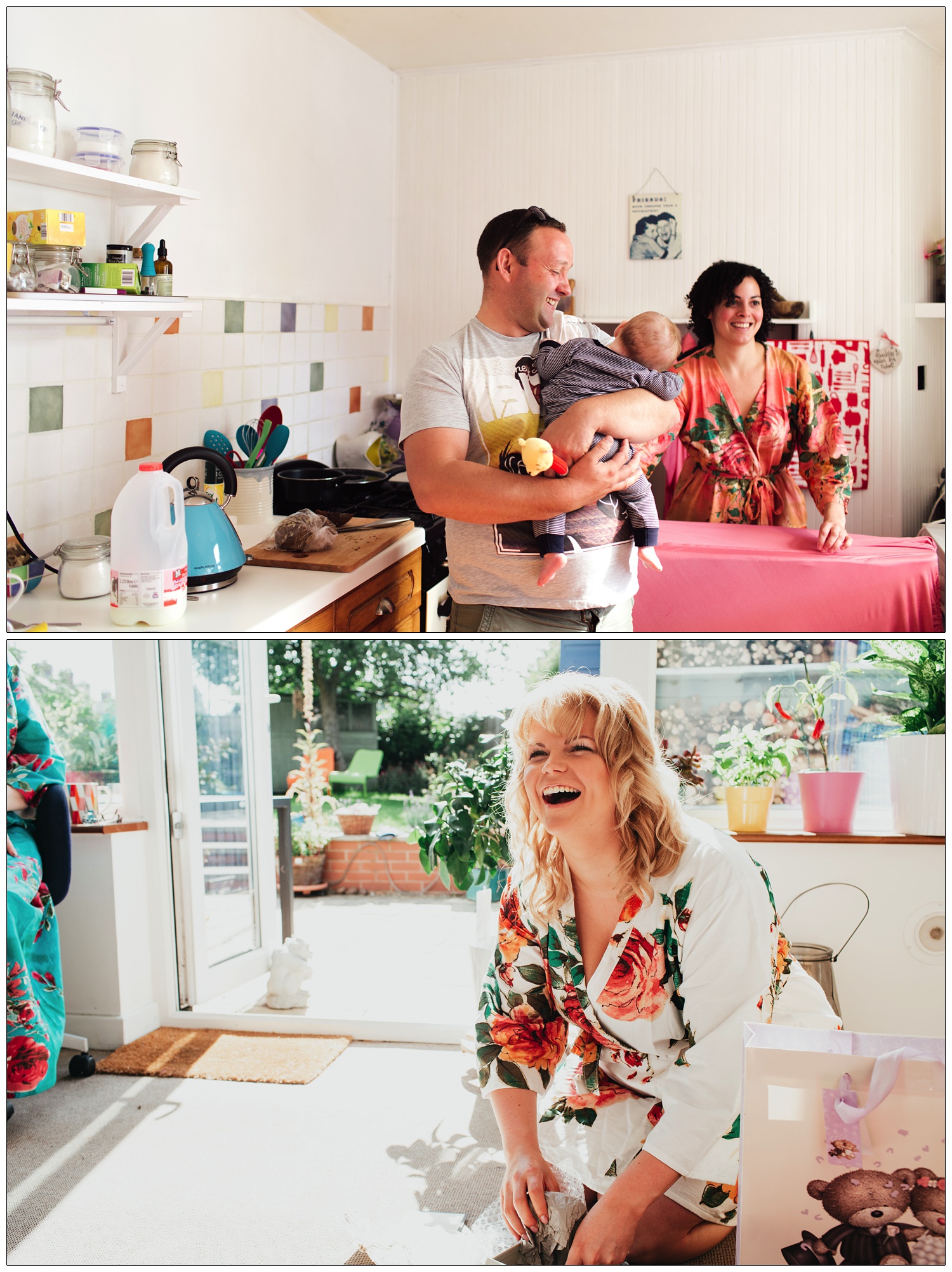 A man holds a baby in a kitchen. A woman in a dressing gown is ironing. The bride is laughing.