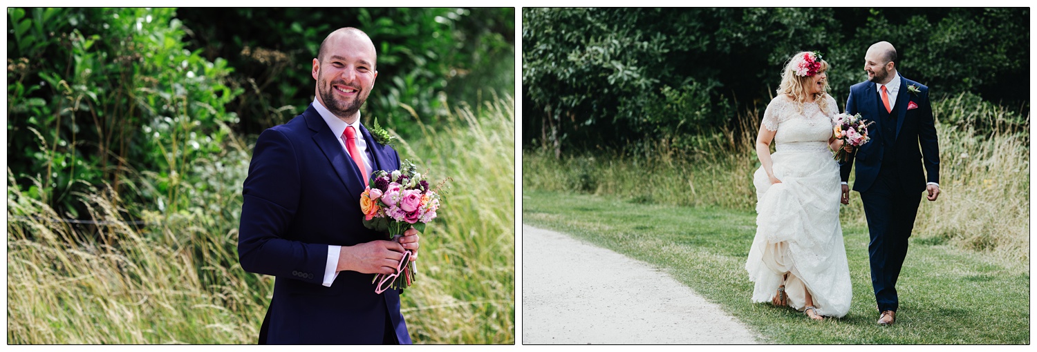 Groom poses with flowers. The newly married couple walk along on the grass.