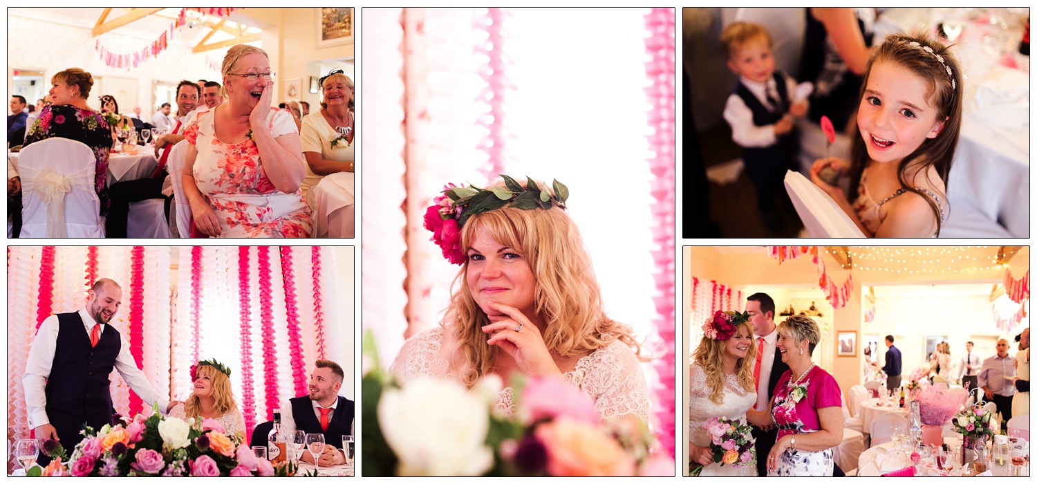 A pink wedding breakfast. The guests laugh at speeches.