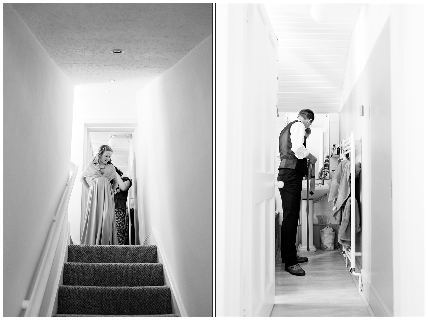Young bridesmaid at the top of the stairs.