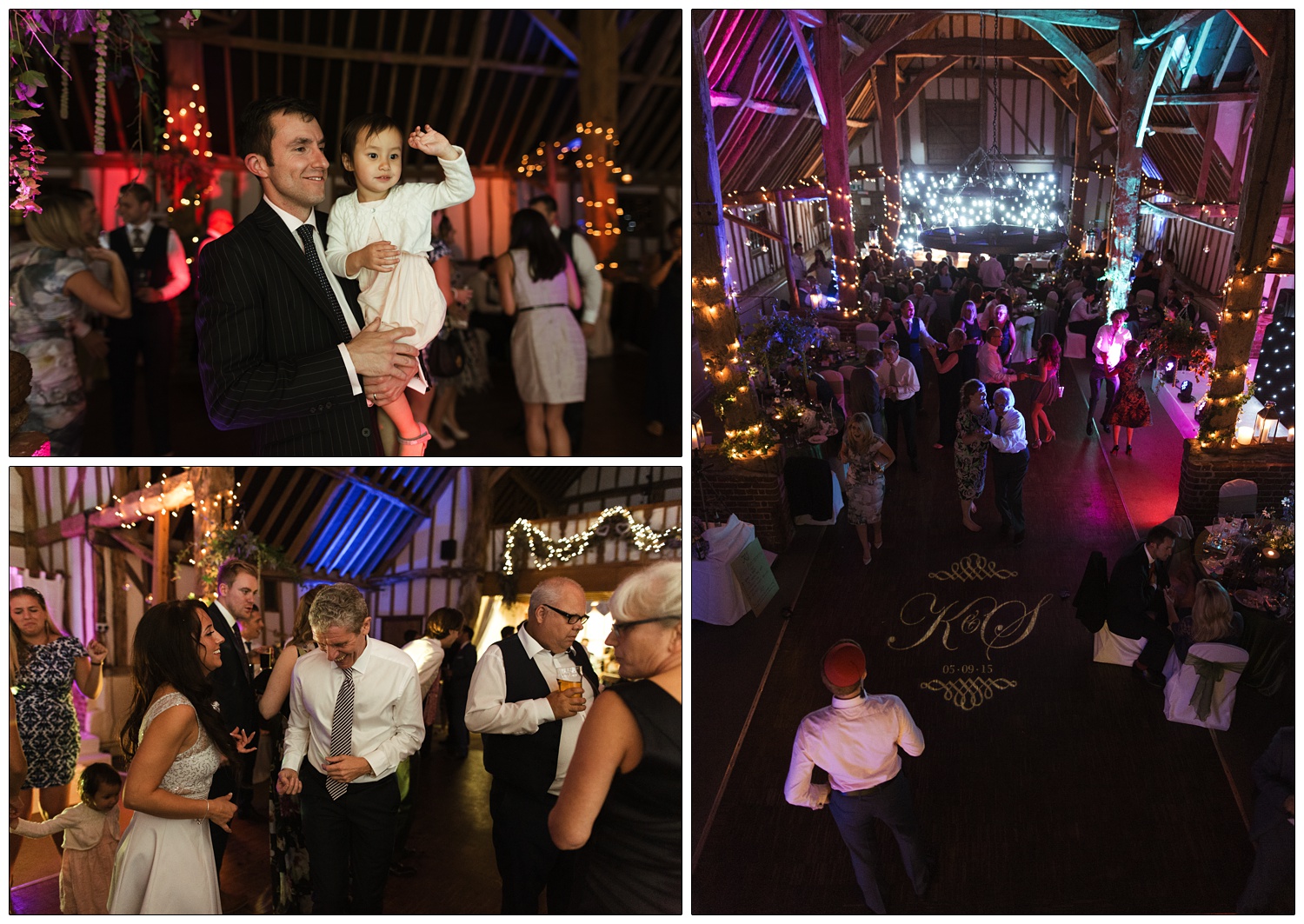 The view of Pledgdon Barn at night. There is a wall of lights behind a buffet table, and purple lights for the dance floor. People are walking around and chatting.