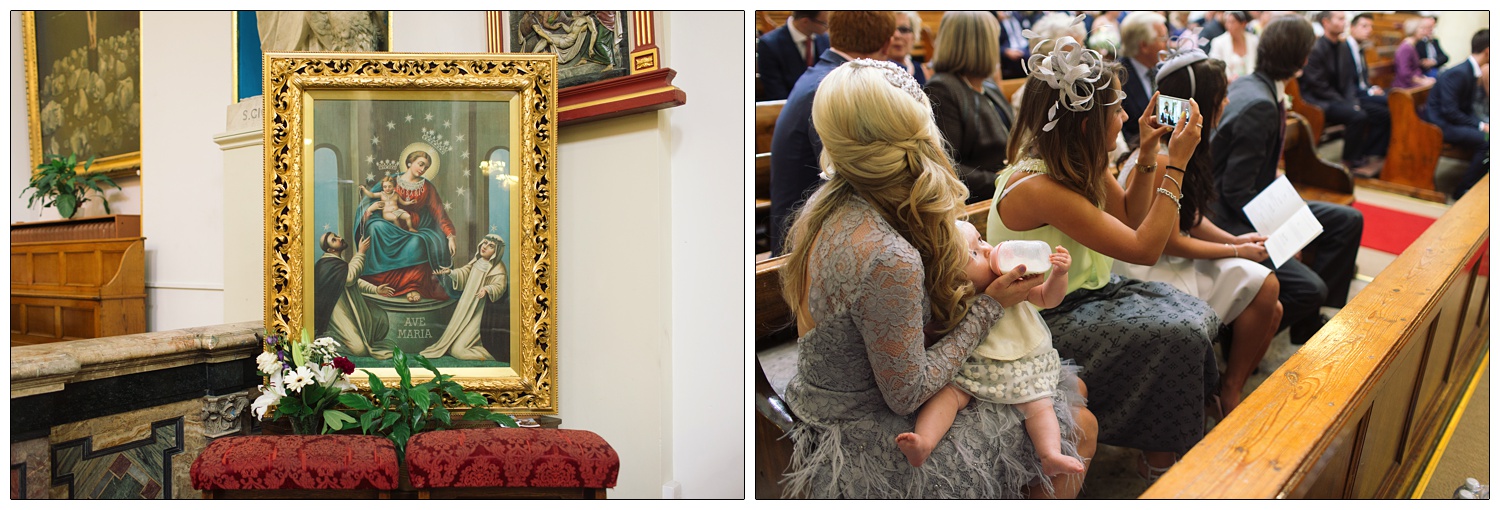 A woman feeding her baby in a church at a wedding.