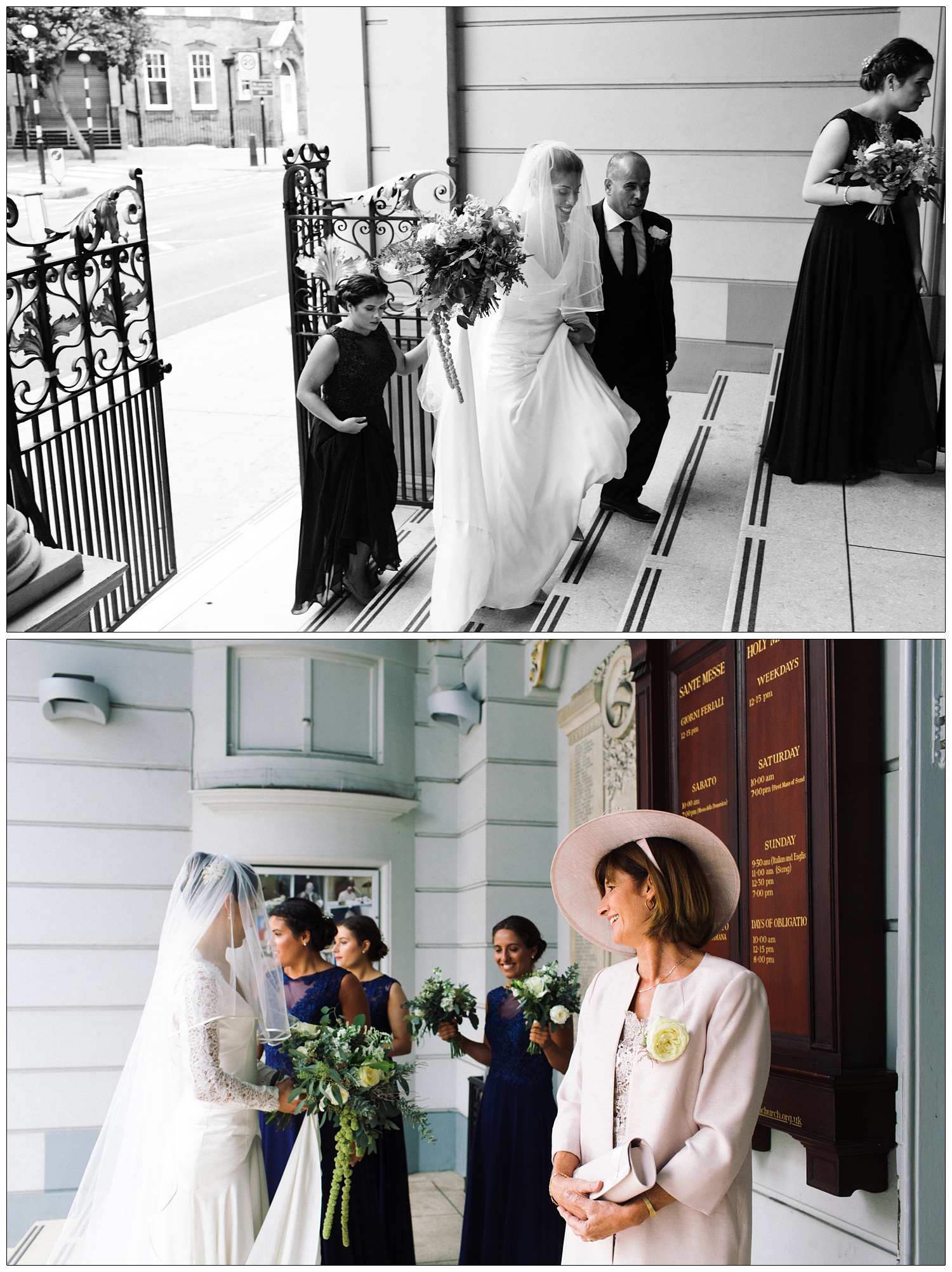 Mother of the bride is wearing pink dress, coat and hat. She is smiling at her daughter on the steps of a church in London.