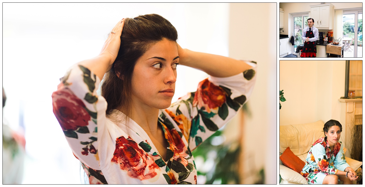 The bride at home in a floral dressing gown.