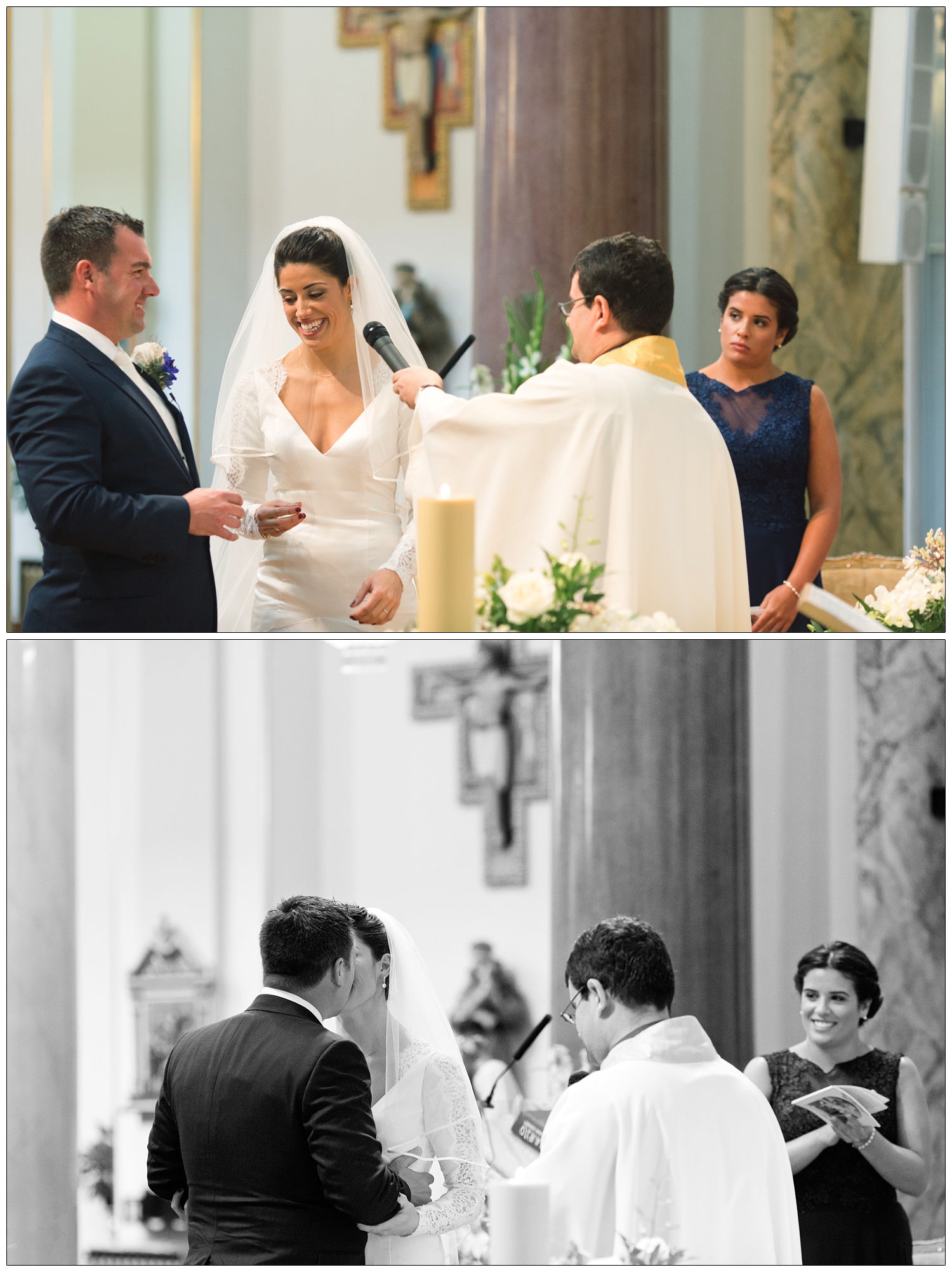 Couple during their wedding ceremony in a church in Clerkenwell. There is a bridesmaid watching.