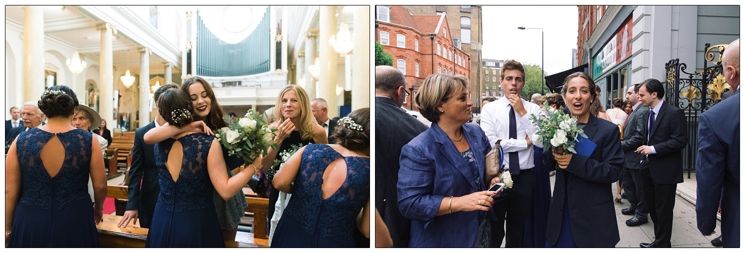 Bridesmaids at the Italian church in Clerkenwell. They are all wearing dark blue dresses.